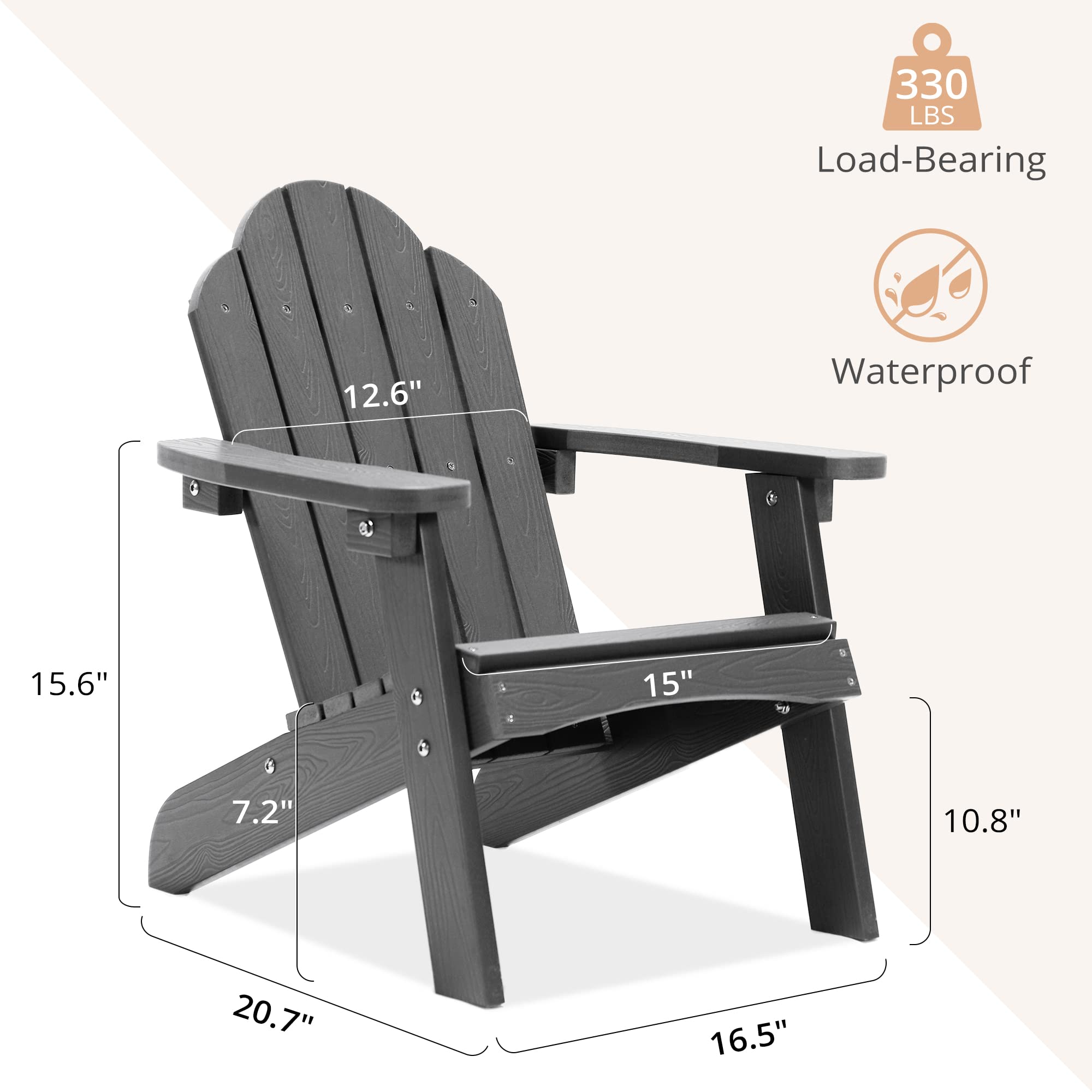 LUE BONA Kids Adirondack Chair - Durable Gray Poly Lumber Plastic Toddler Outdoor Chair, Weather-Resistant Children's Patio Lounge Chair for Backyard, Garden, Poolside & Balcony - Perfect for Relaxing, Playtime & Outdoor Gatherings