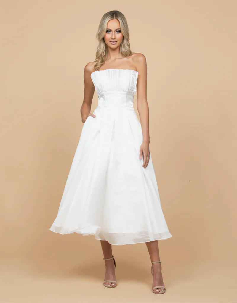Farra Strapless Ruffle A-Line Dress for Women - Elegant Ruffled Neckline & Flowy Skirt | Perfect for Weddings, Parties & Special Occasions