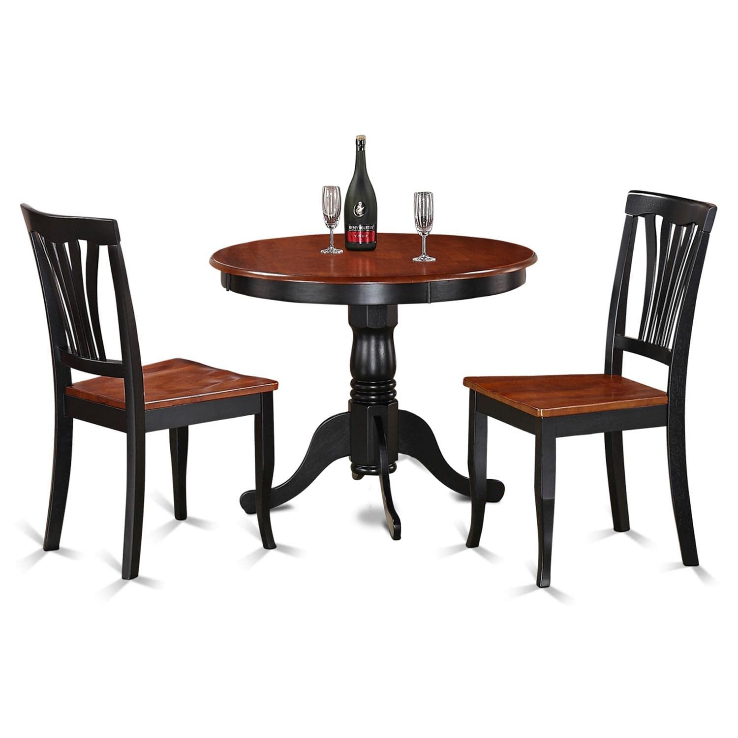 East West Furniture ANAV3-BLK-W 3-Piece Round Kitchen Table Set with Pedestal Base & 2 Chairs - 36x36 Inch, Black & Cherry - Perfect for Small Spaces, Apartments, Breakfast Nooks & Cozy Dining Areas