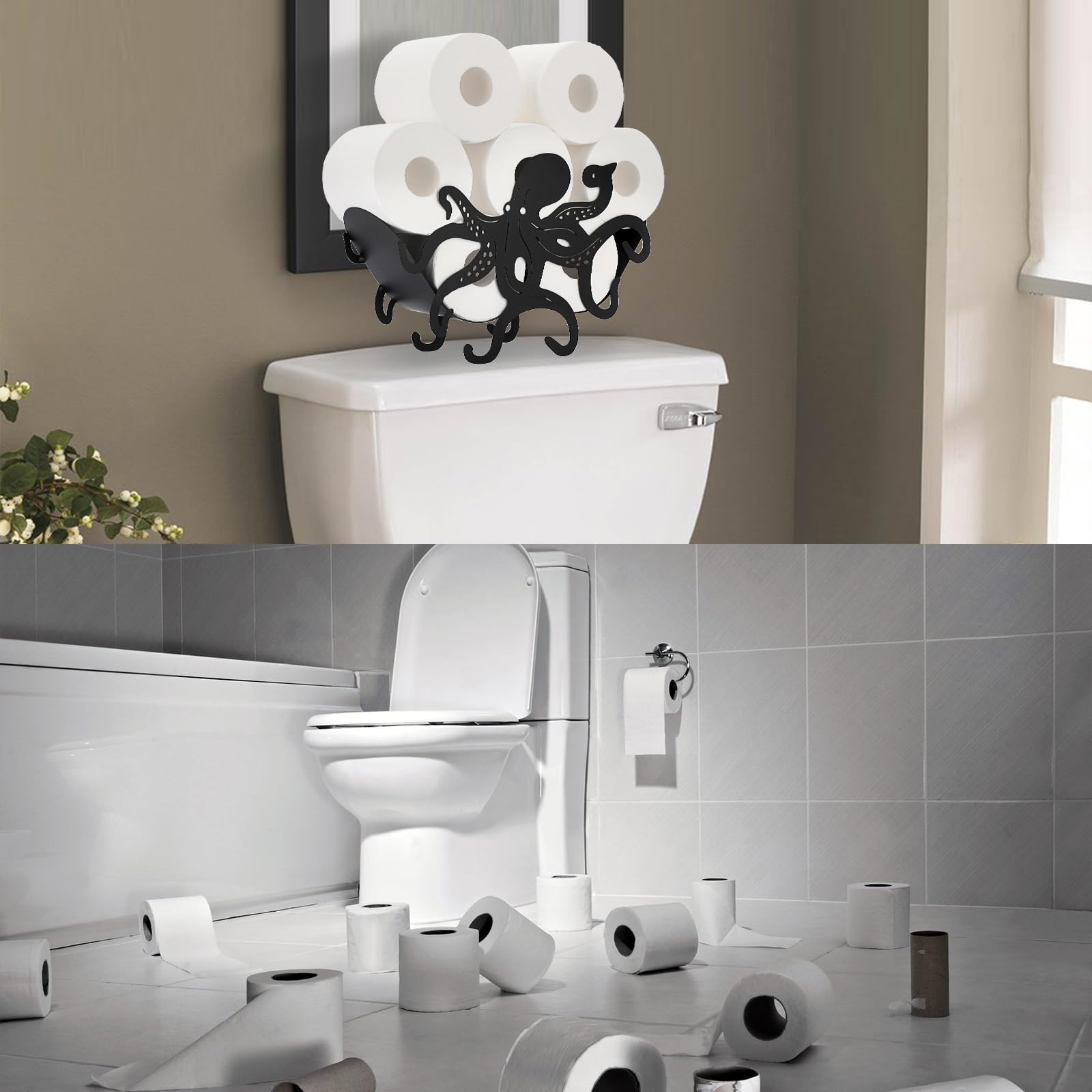 Octopus Toilet Paper Holder - Freestanding Metal Bathroom Tissue Roll Organizer for Shelf, Table, Counter & Floor | Whimsical Home Decor for Bathroom, RV & Office Use