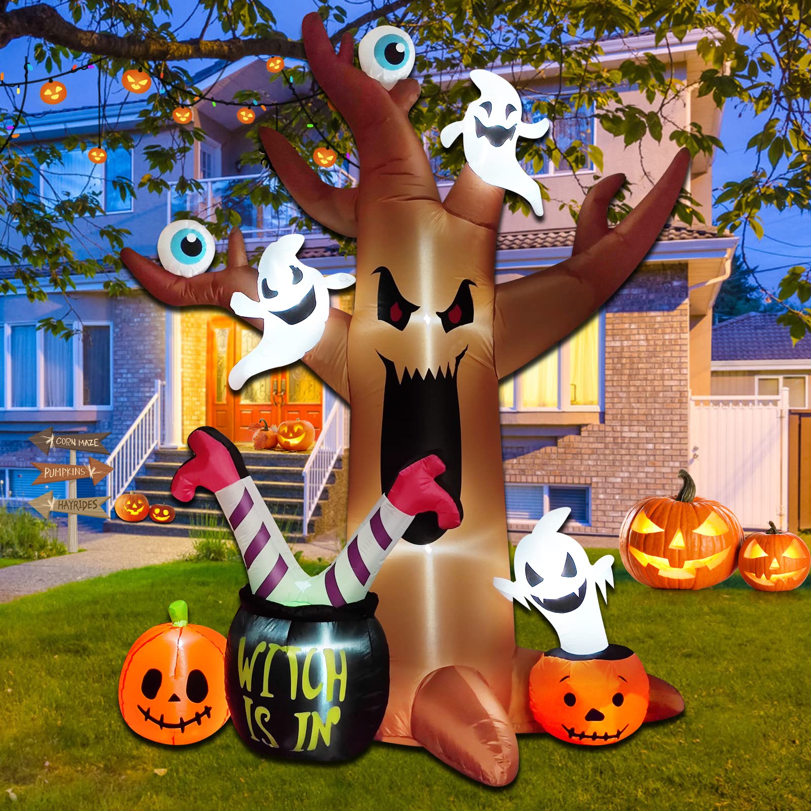 8 Ft Halloween Inflatable Outdoor Decor - Spooky Blow-Up Tree with Ghosts, Eyeballs, Pumpkins, Cauldron & Witch Legs - LED Lighted Lawn Decoration for Halloween Party, Yard & Garden Decor