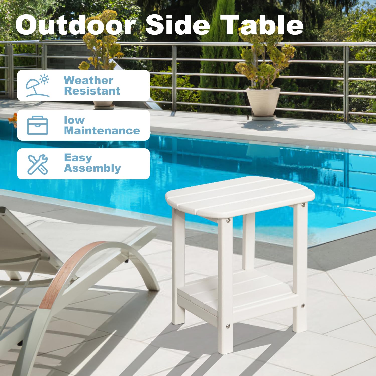 2-Tier Adirondack Outdoor Side Table - Weather Resistant HDPE Patio End Table for Deck, Garden & Poolside (White) - Perfect for Drinks, Books & Outdoor Relaxation