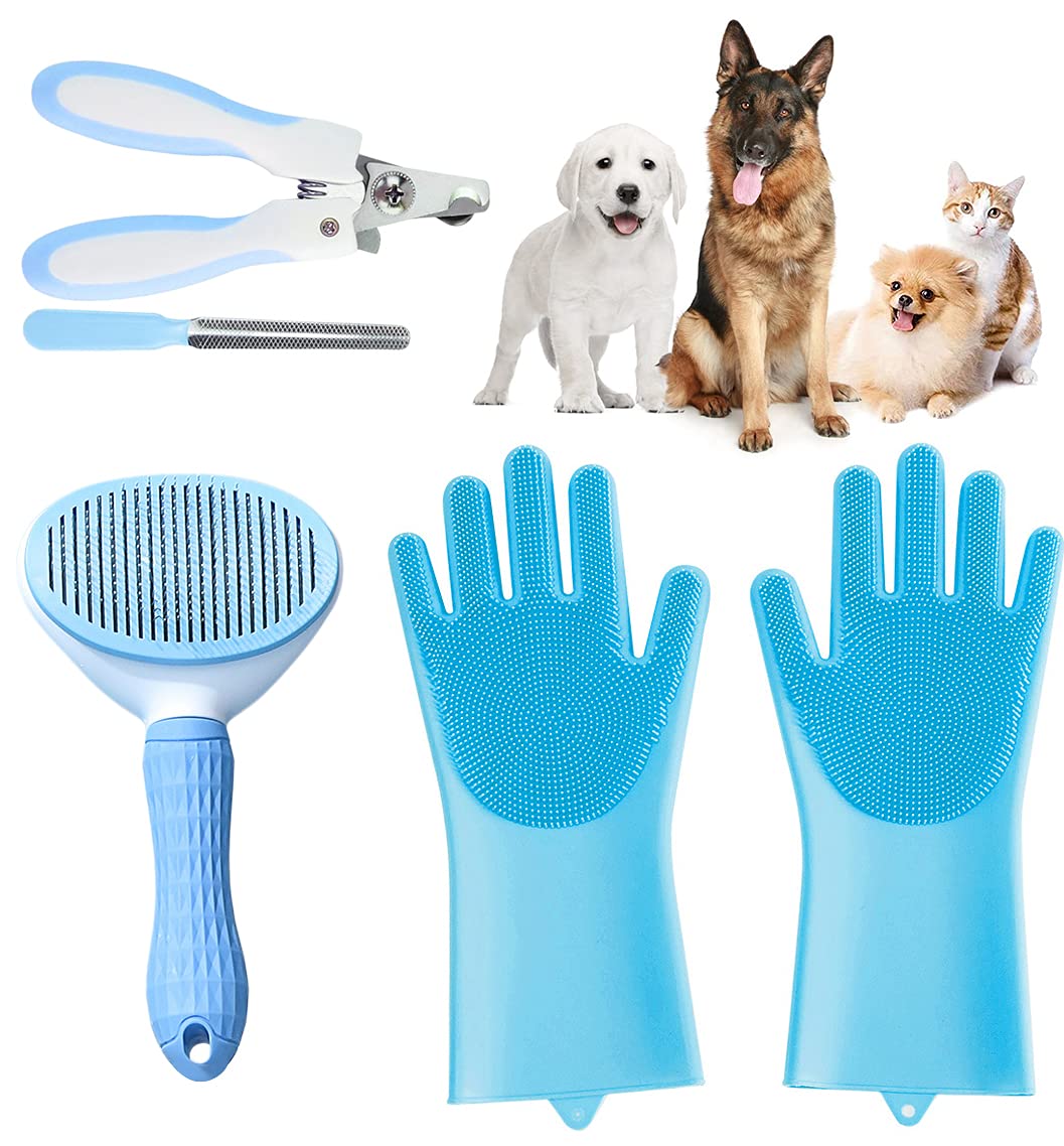 3-in-1 Pet Grooming Gloves for Dogs & Cats - Bathing Brush, Hair Remover & Nail Clippers - Gentle Massage & Deshedding Gloves for Bath Time & Shedding Season - Perfect for Home Pet Care & Professional Groomers