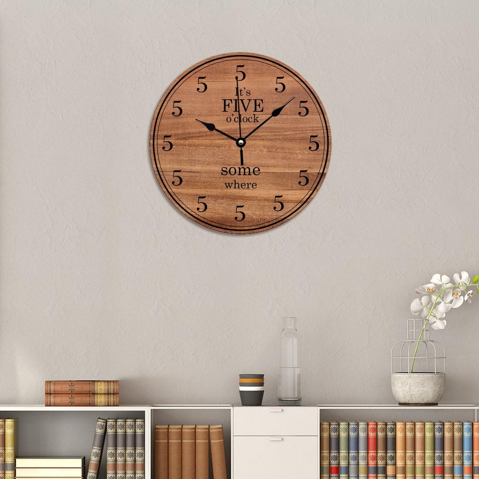 Funny Coworker Wall Clock - Silent Non-Ticking 12 Inch Wooden Clock with 'It's Five O'Clock Somewhere' Design | Battery Operated Home Decor for Kitchen, Living Room, Bathroom & Office | Perfect Gift for Colleagues, Housewarming & Retirement Parties