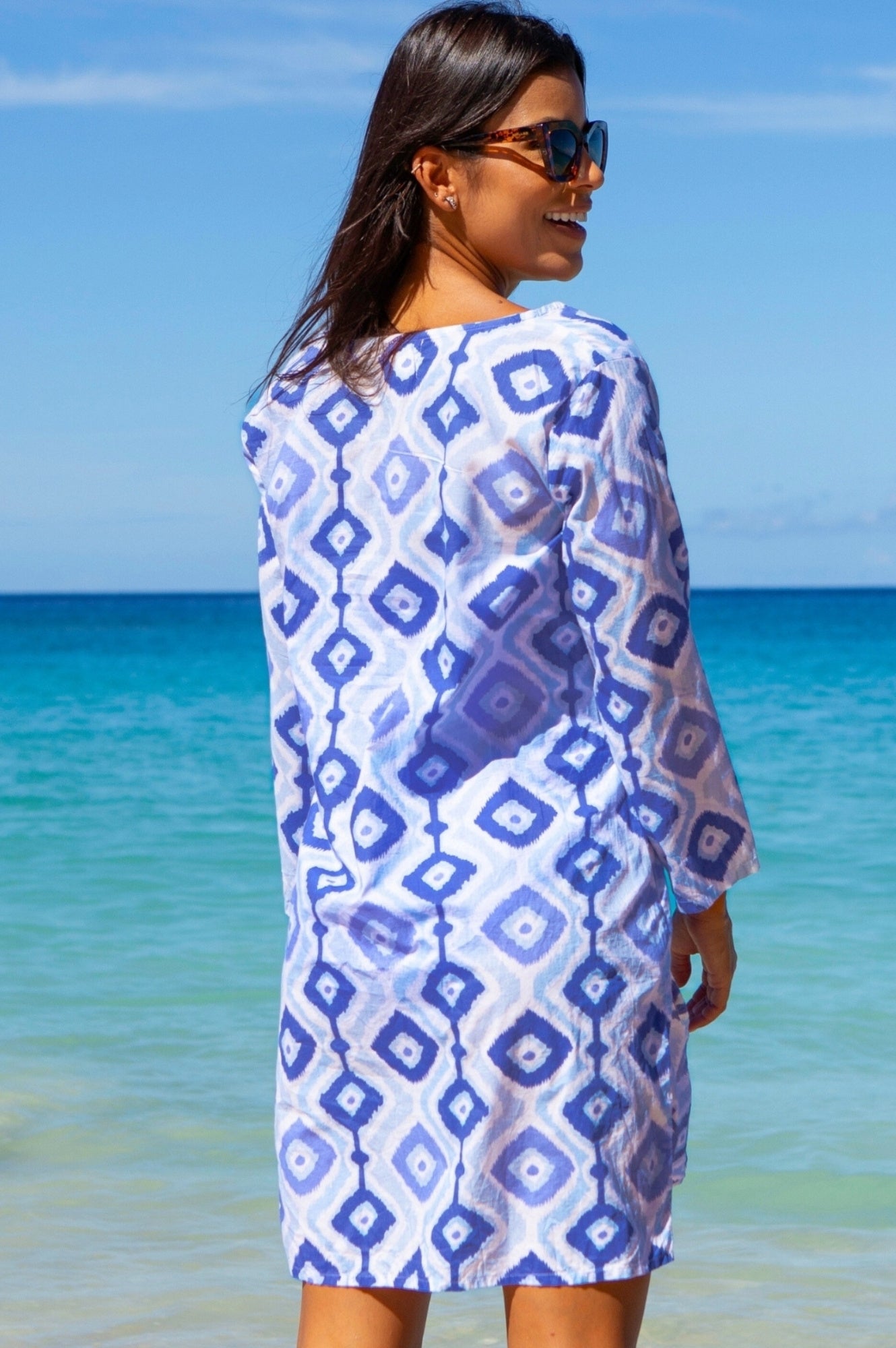 Guadalupe Organic Cotton Short Tunic Top - Diamond Ikat Blue/White Pattern - Breathable Summer Blouse for Women | Perfect for Beach, Vacation & Casual Outings