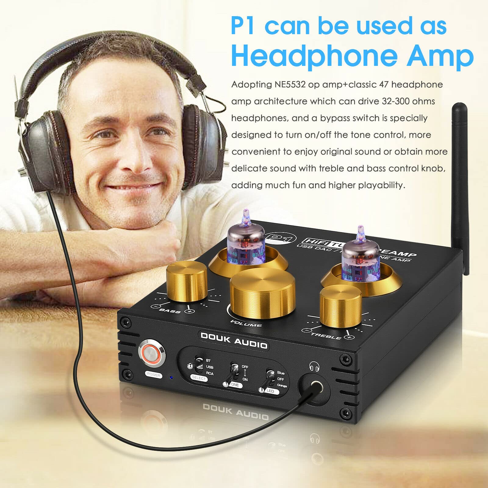 Douk Audio P1 Tube Preamp - Bluetooth 5.0 Hi-Fi Preamplifier with GE5654 Vacuum Tube, Wireless Audio Receiver, USB DAC, APTX-HD Support for Home Theater & Audiophile Systems