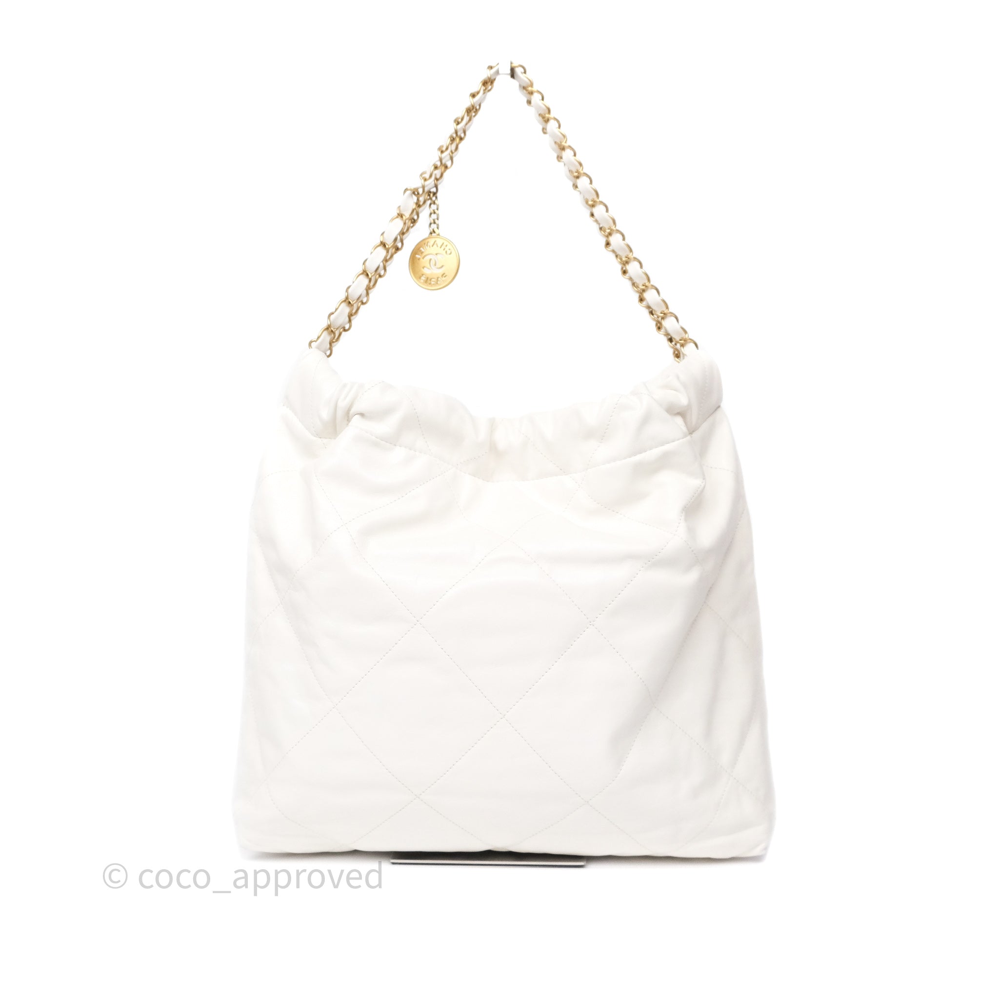 Chanel 22 Medium Handbag in White Shiny Crumpled Calfskin with Aged Gold Hardware - Luxury Shoulder Bag for Women, Perfect for Date Night & Special Occasions