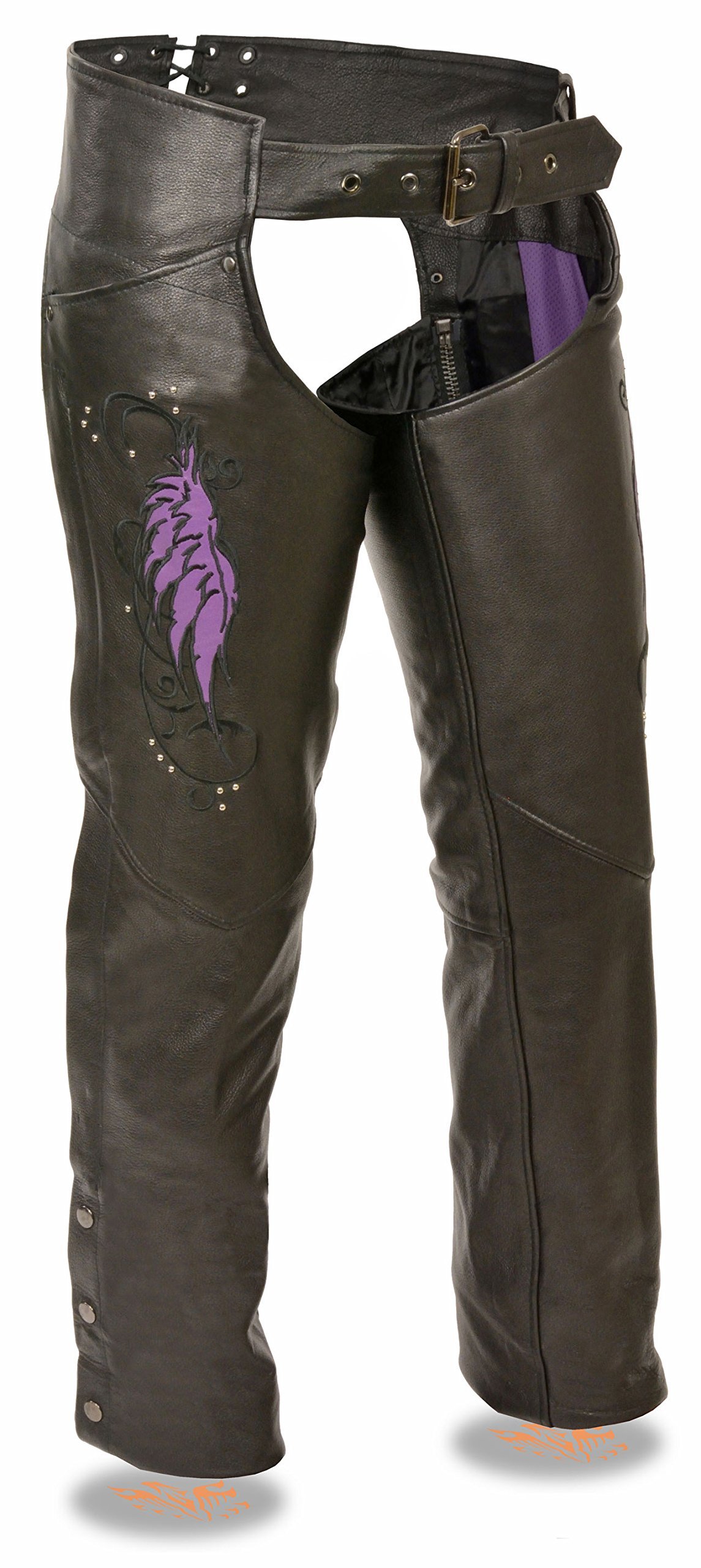 Milwaukee Leather Women's Wing Embroidery & Rivet Detailing Leather Chaps (3X) - Perfect for Motorcycle Riding, Biker Fashion & Western Style Outfits