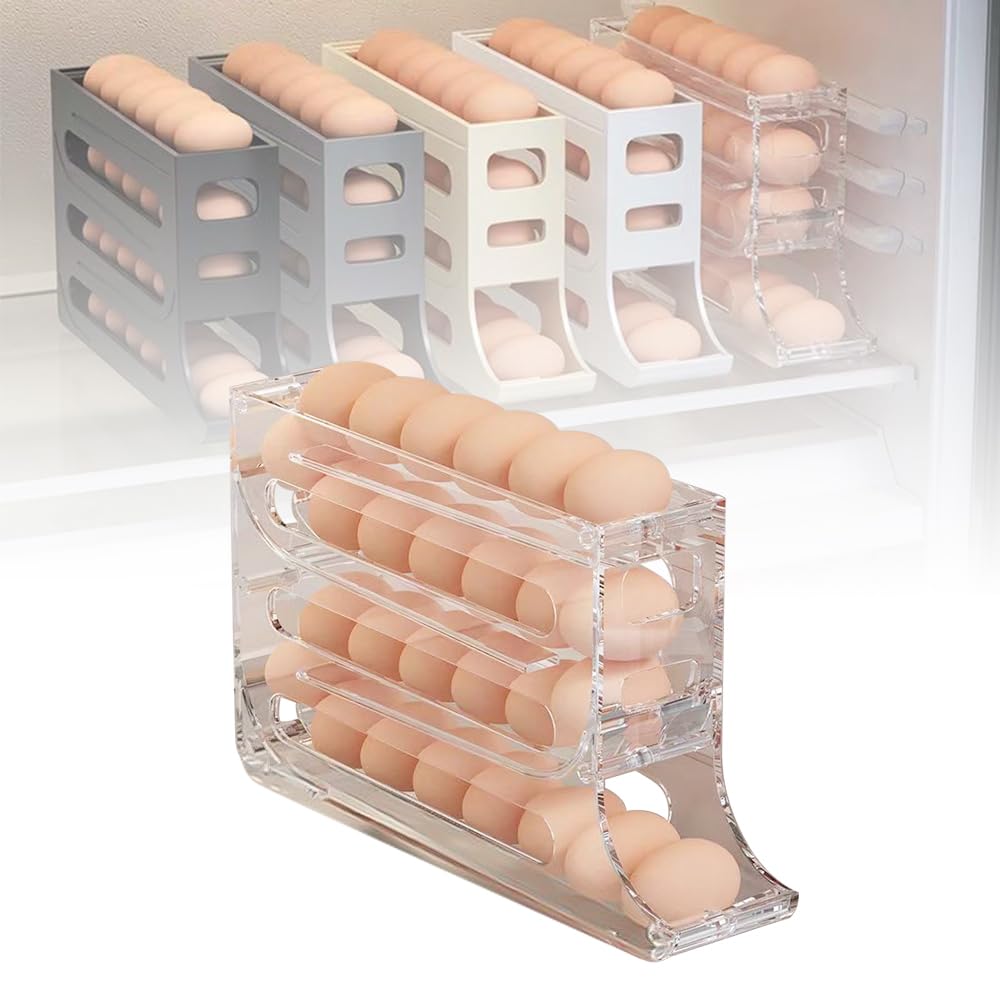 2024 Upgraded 4-Tier Auto Rolling Egg Tray for Refrigerator - Large Capacity Stackable Space-Saving Egg Holder Dispenser (Transparent) - Perfect for Kitchen Organization & Fresh Egg Storage