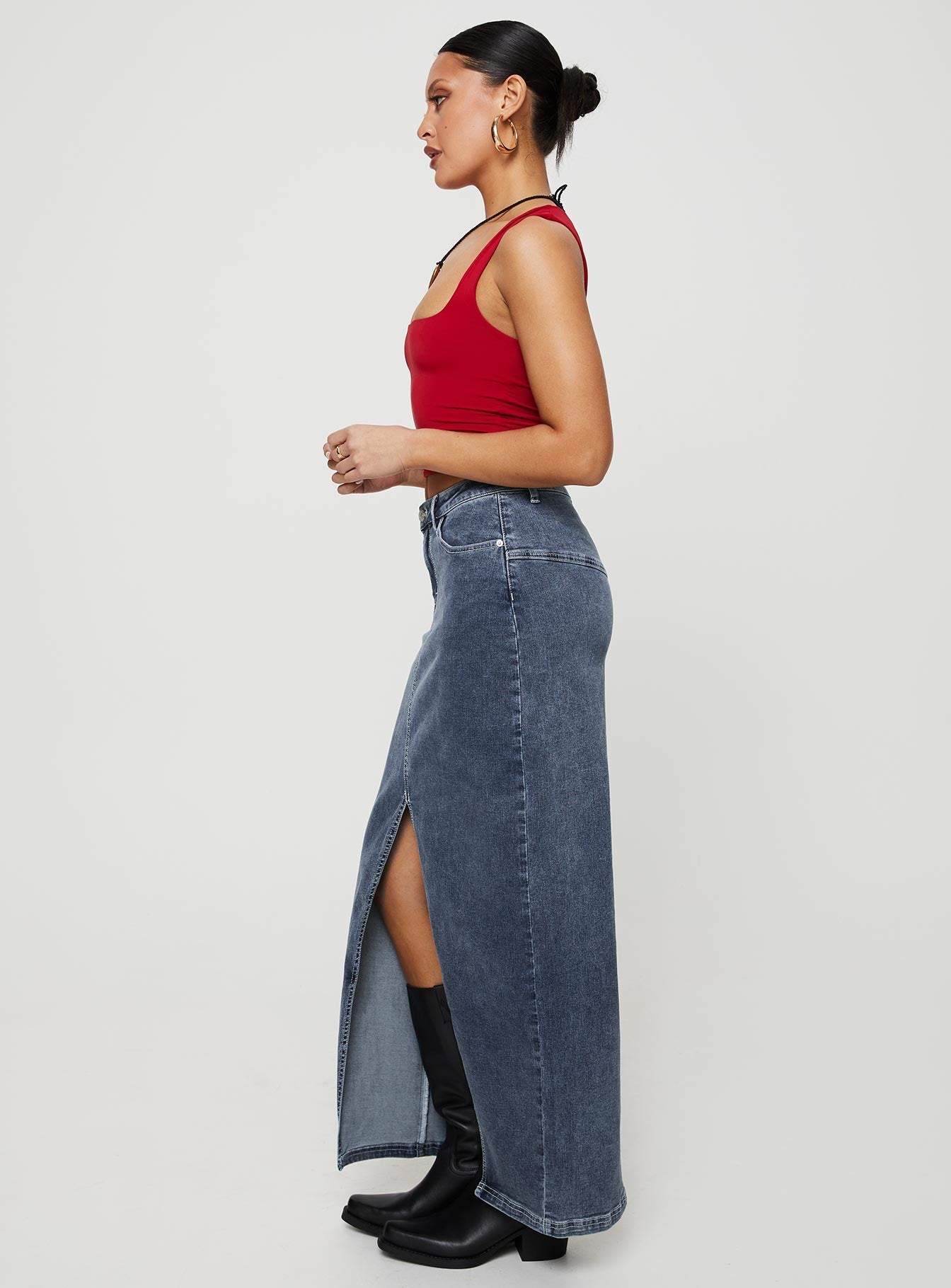 Batkins Maxi Skirt Dark Wash Denim - Women's High Waisted Long Denim Skirt for Casual Wear & Street Style Fashion