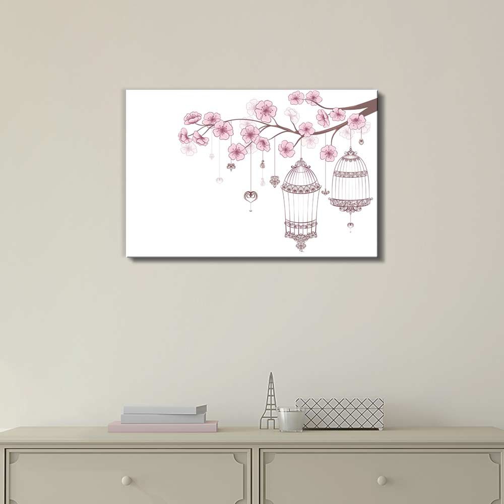 Modern Canvas Wall Art - Blooming Cherry Branch with Bird Cages | Stretched Gallery Wrap Giclee Print Ready to Hang - 32x48 inches - Perfect for Living Room, Bedroom & Office Decor