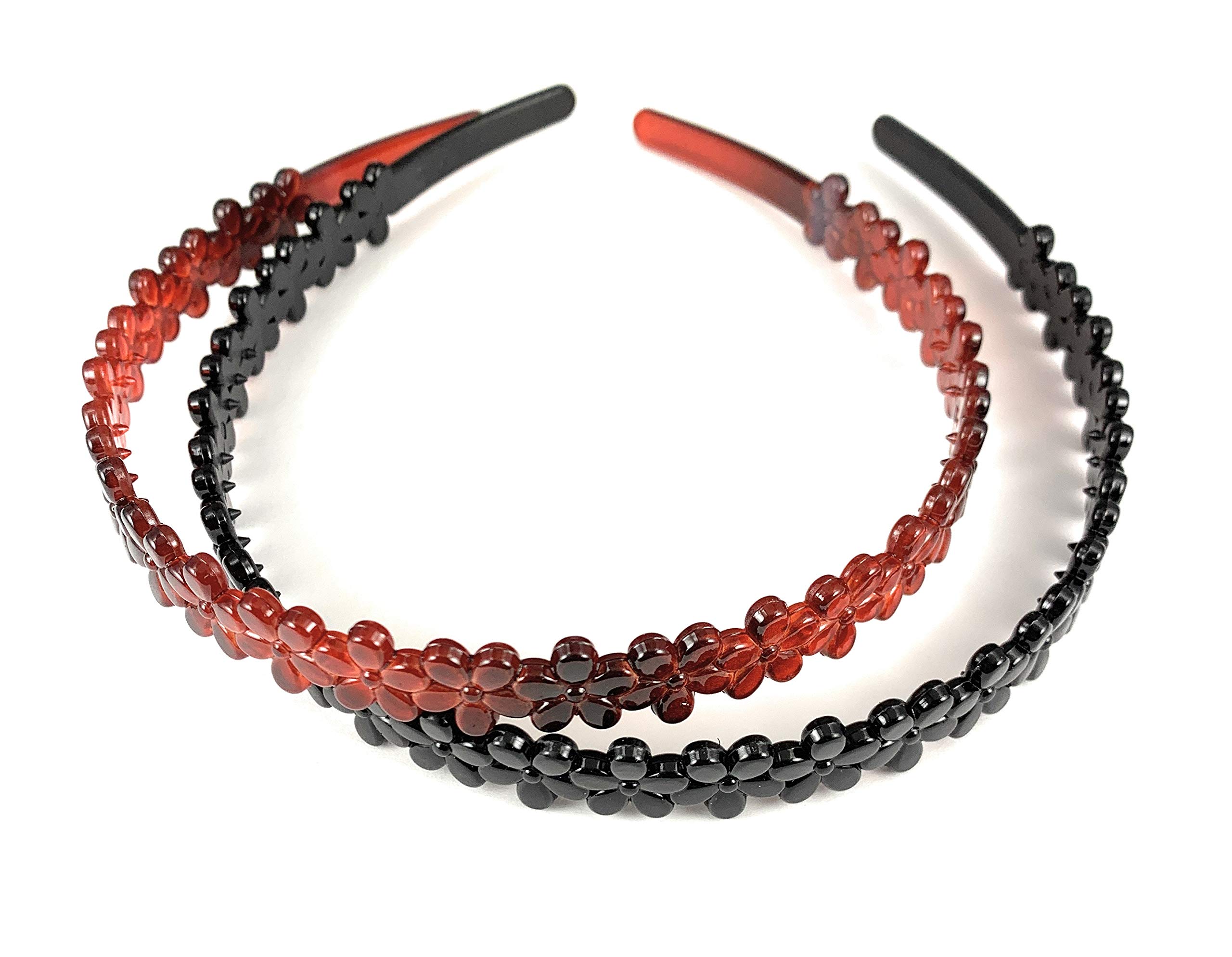 Brown & Black Plastic Thin Skinny Headbands Set - 2 Pack with Daisy Flower Design, 1/2 Inch Wide Narrow Grip Teeth - Perfect for Women's Hair Accessories, Sports, Workouts and Everyday Styling