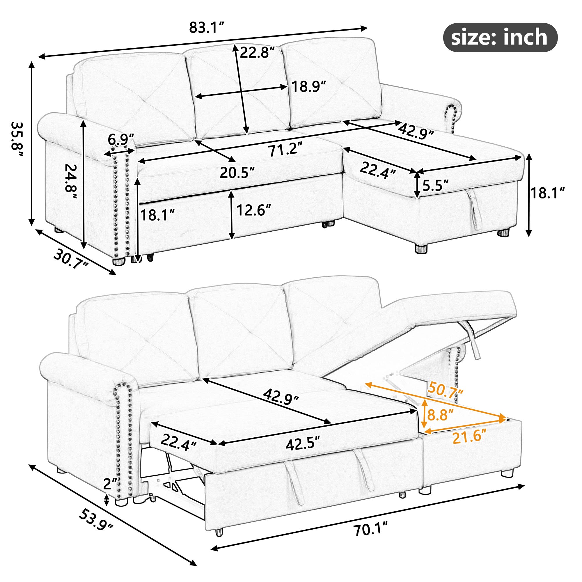 P PURLOVE Convertible Sectional Sofa Bed - 3-Seater L-Shaped Sleeper Couch with Storage Chaise & Pull-Out Mechanism | Modern Living Room Furniture Set (Beige) | Perfect for Small Spaces, Guest Rooms & Apartments