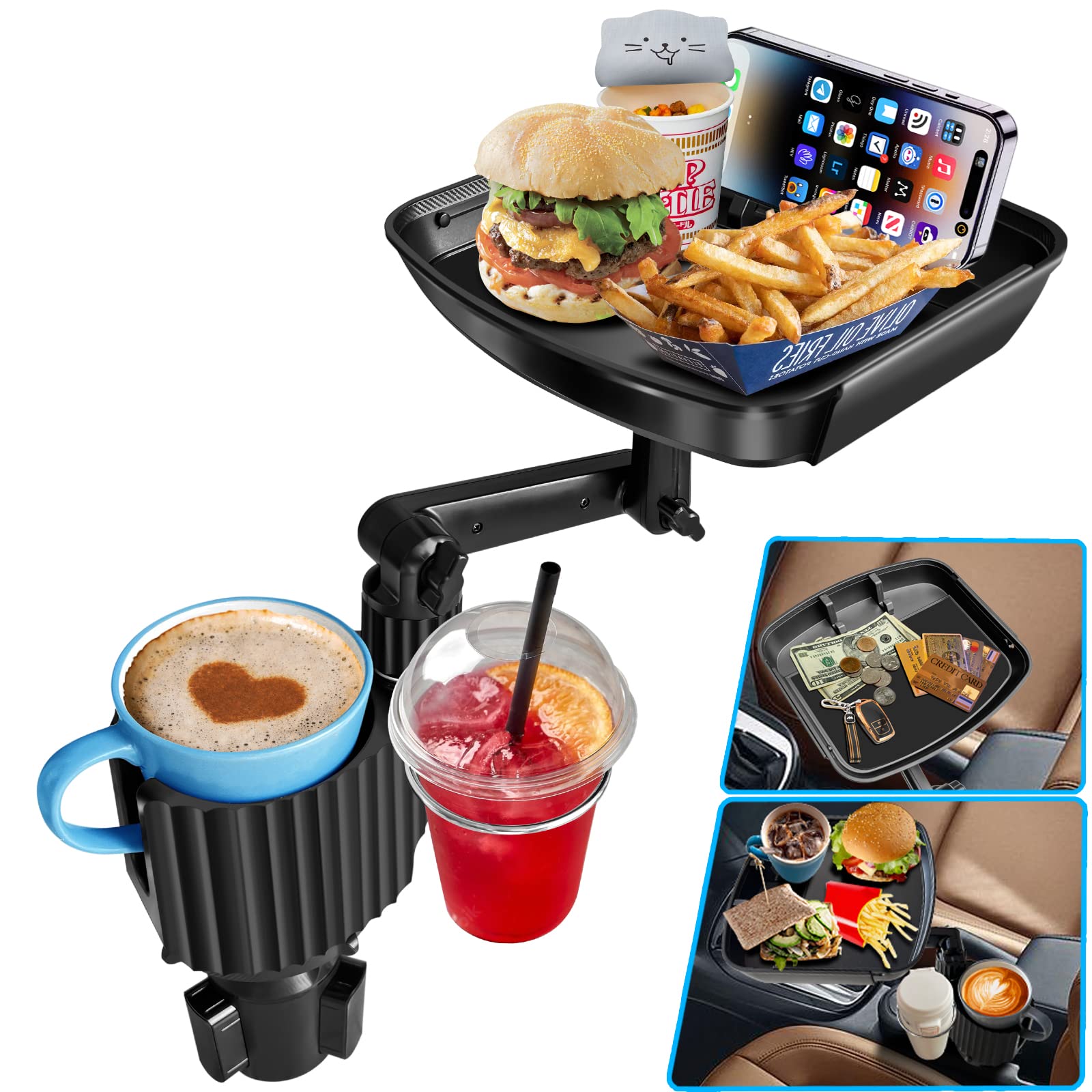 Adjustable Car Cup Holder Expander with Detachable Tray - Swivel Food Table for Eating, Travel & Road Trips | Expandable Car Organizer for Snacks, Drinks & Essentials | Perfect for Commuting, Family Trips & Long Drives