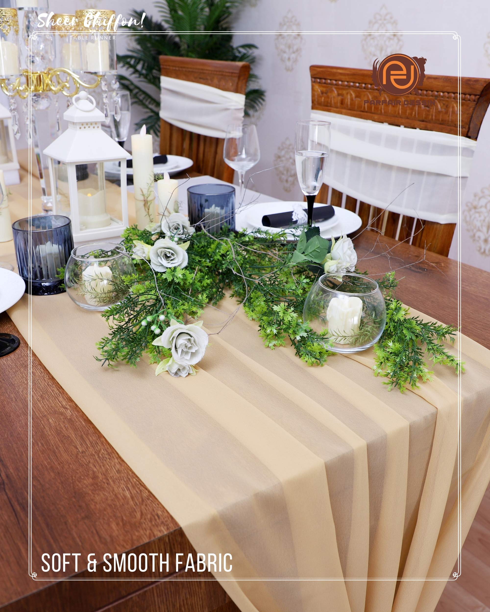 Parfair 10ft Chiffon Wedding Table Runner - Elegant Caramel Bridal Shower Decor, Rustic Wedding Centerpiece for Tables, Party & Reception Decorations | Perfect for Wedding, Baby Shower, Anniversary & Holiday Celebrations