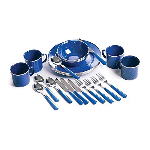 24-Piece Blue Enamel Camping Tableware Set - Plates, Bowls & Utensils for Outdoor Picnics, BBQs and Camping Trips | Durable Enamel Steel Dinnerware