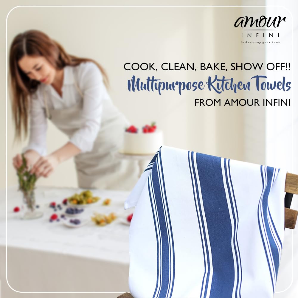AMOUR INFINI Cotton Kitchen Towels Set of 4 - Ultra Soft & Highly Absorbent Dish Cloths (20x28 Inch) with Hanging Loop for Quick Drying | Perfect for Washing Dishes, Drying Hands & Kitchen Cleaning | Blue Tea Towels