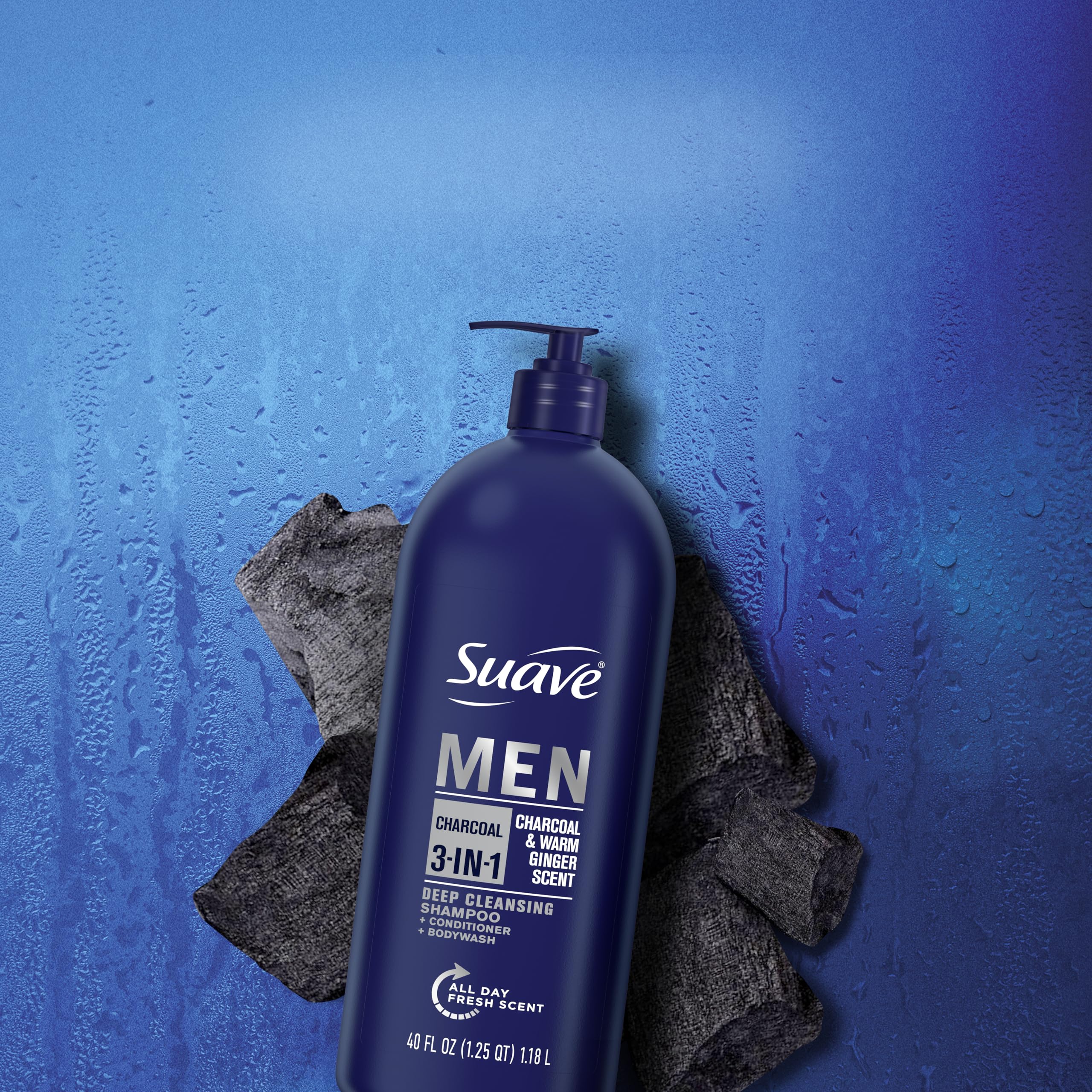 Suave Men 3-in-1 Shampoo Conditioner & Body Wash with Charcoal & Warm Ginger - 40 oz (Pack of 3) for Deep Cleansing & Nourishing Hair & Skin - Perfect for Gym, Travel & Daily Shower Routine