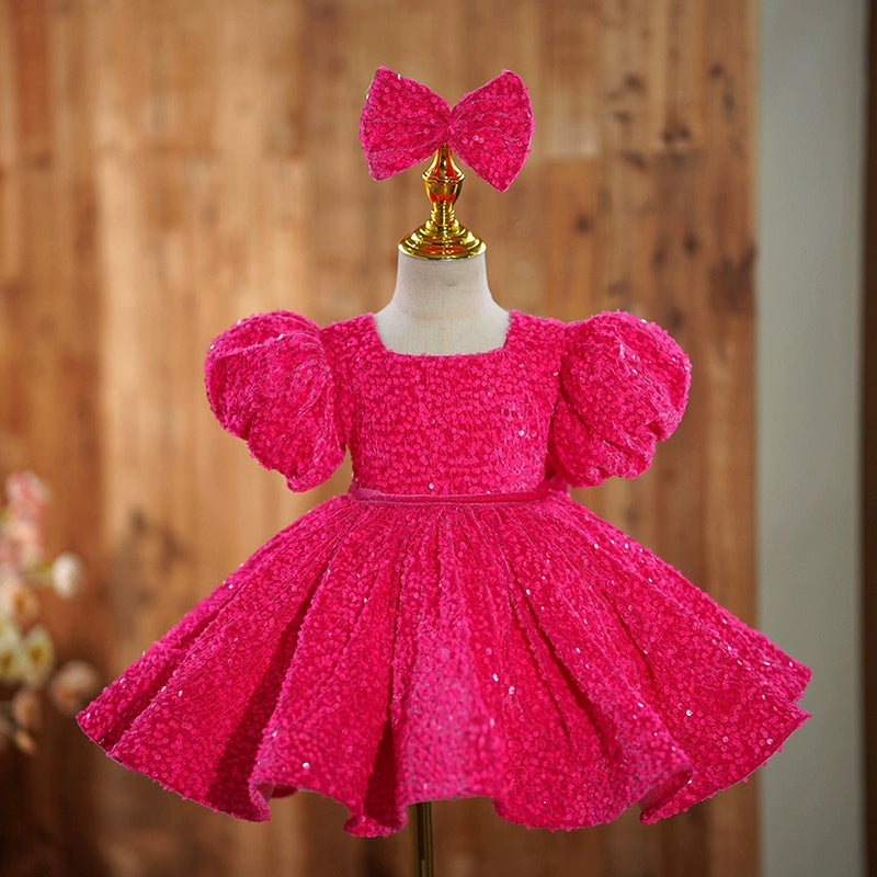 Elegant Rose Red Square Neck Sequined Puff Dress for Baby Girls - Toddler Flower Girl Princess Dress for Weddings, Parties & Special Occasions