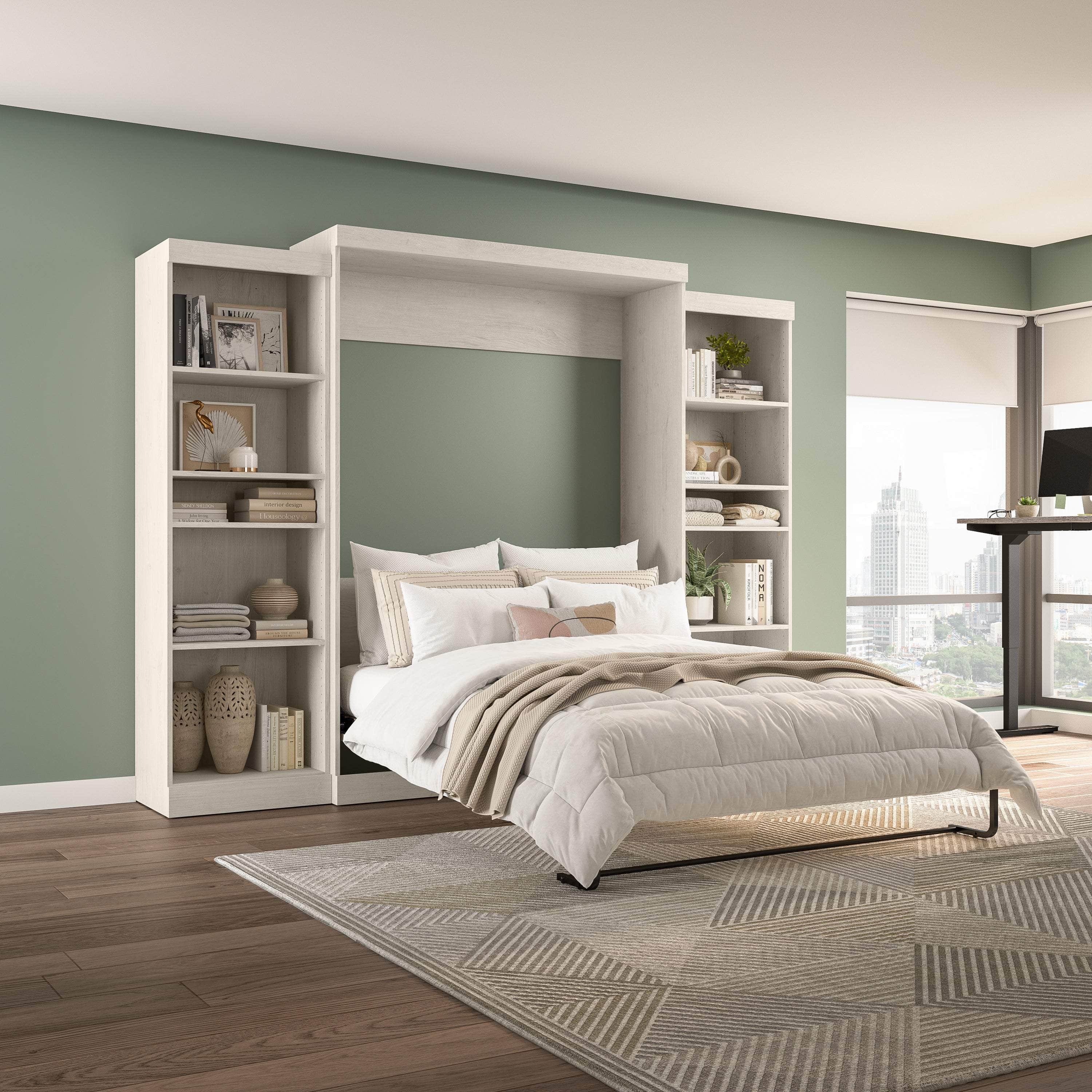 Pur Queen Murphy Wall Bed with 2 Storage Units (115W) - 7 Color Options | Space-Saving Foldable Bed for Small Apartments, Guest Rooms & Home Offices
