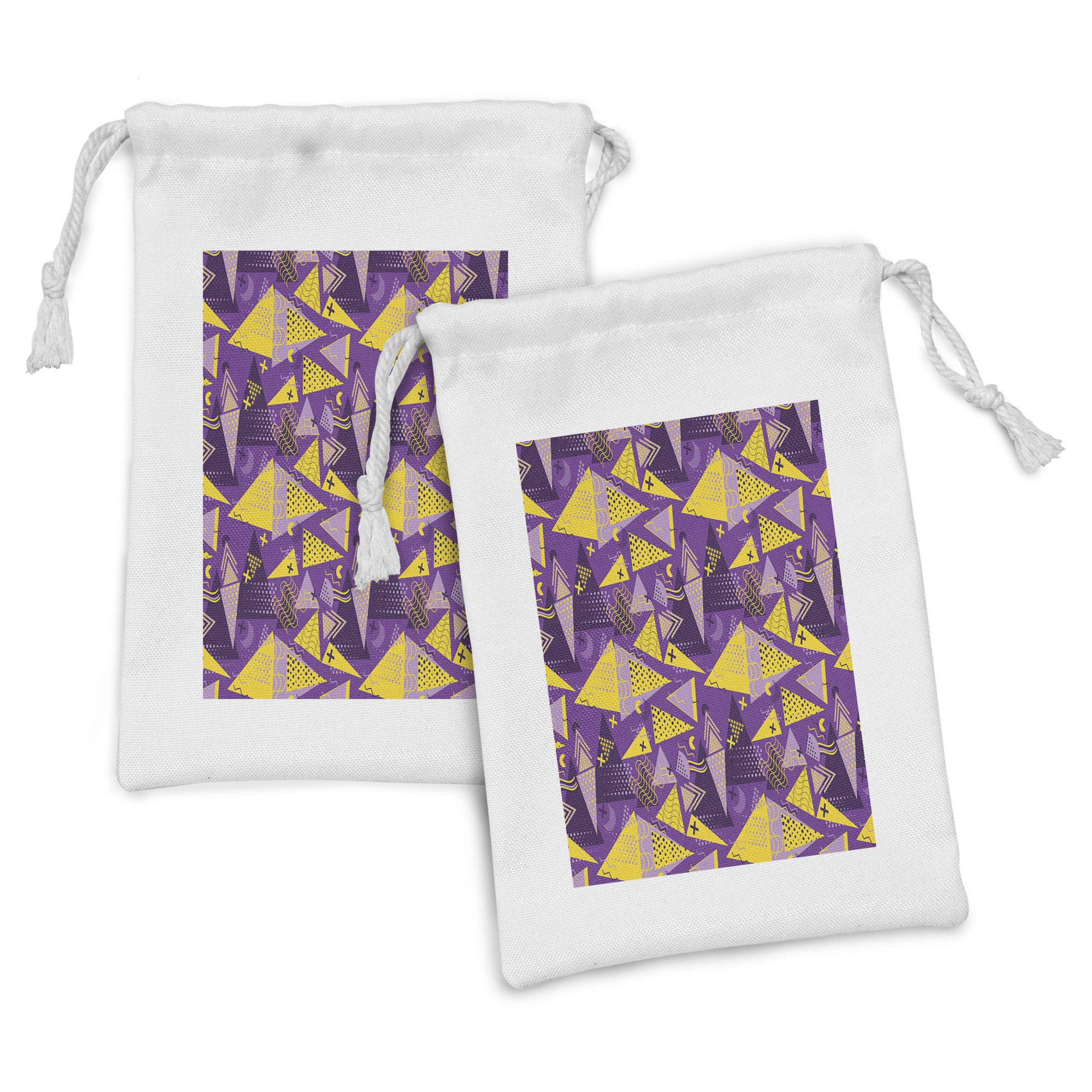 Ambesonne Geometric Fabric Pouch Set of 2 - Memphis Style Drawstring Bags with Triangles, Dots, Zigzags, Stars & Waves - 9