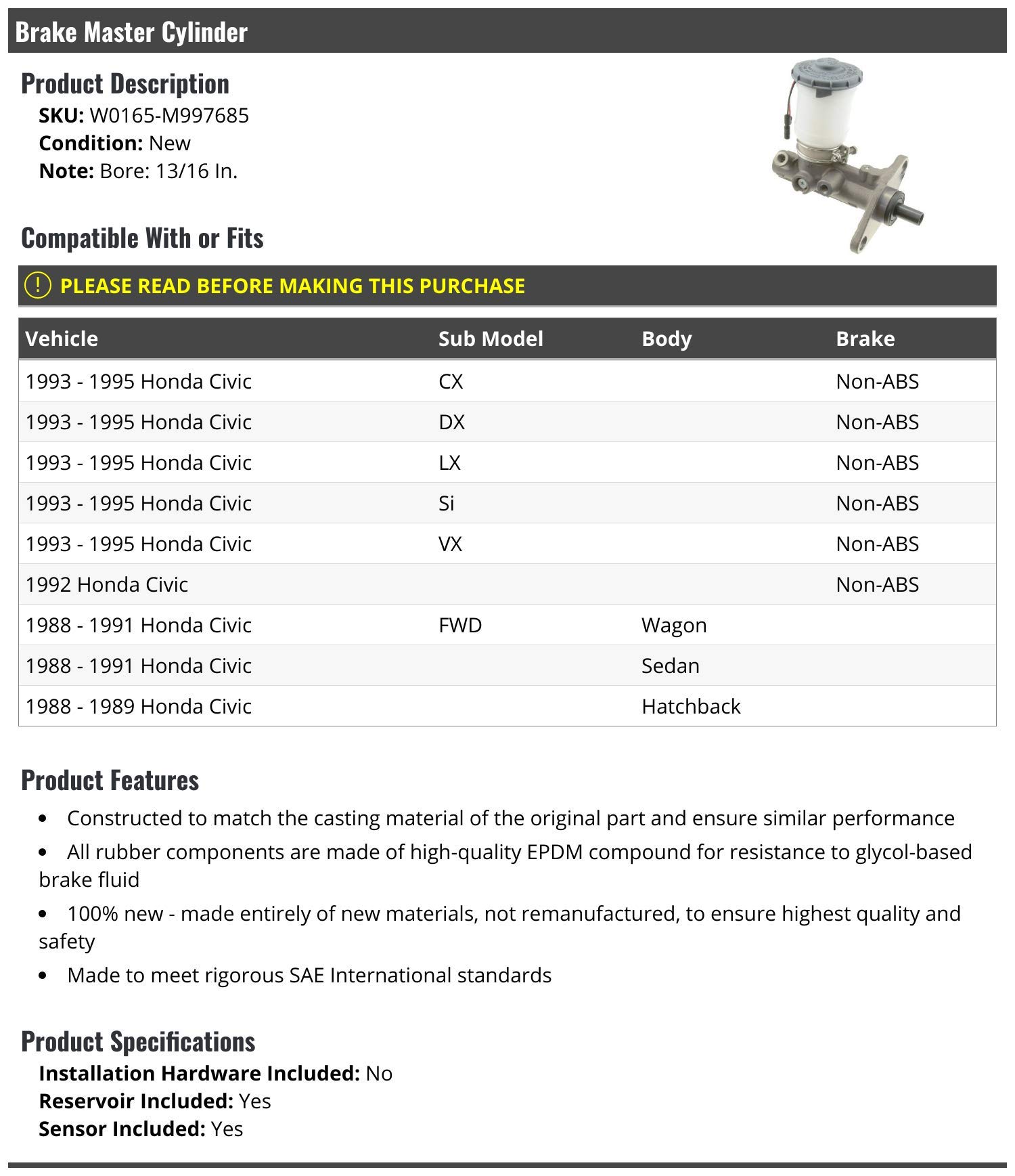 High-Quality Brake Master Cylinder for 1988-1995 Honda Civic - Perfect for Smooth Braking & Vehicle Safety - Ideal for Daily Commute & Performance Driving