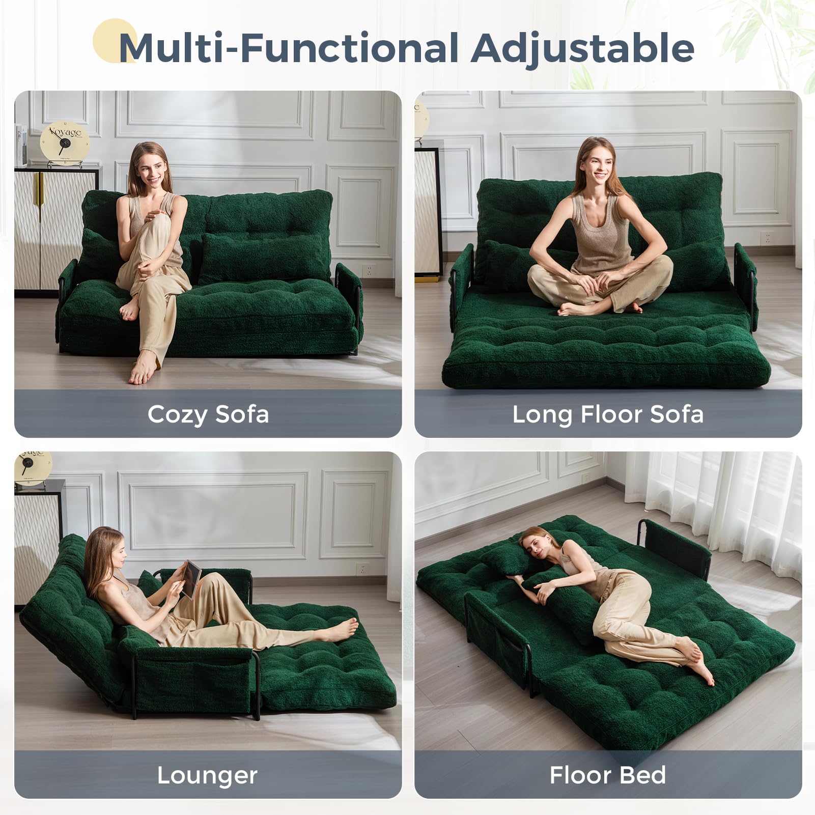 MAXYOYO Adjustable Floor Sofa Couch with 2 Pillows - Boucle Convertible Lazy Sofa Sleeper Bed with Armrest - Double Size Green Sectional for Living Room, Bedroom & Small Spaces