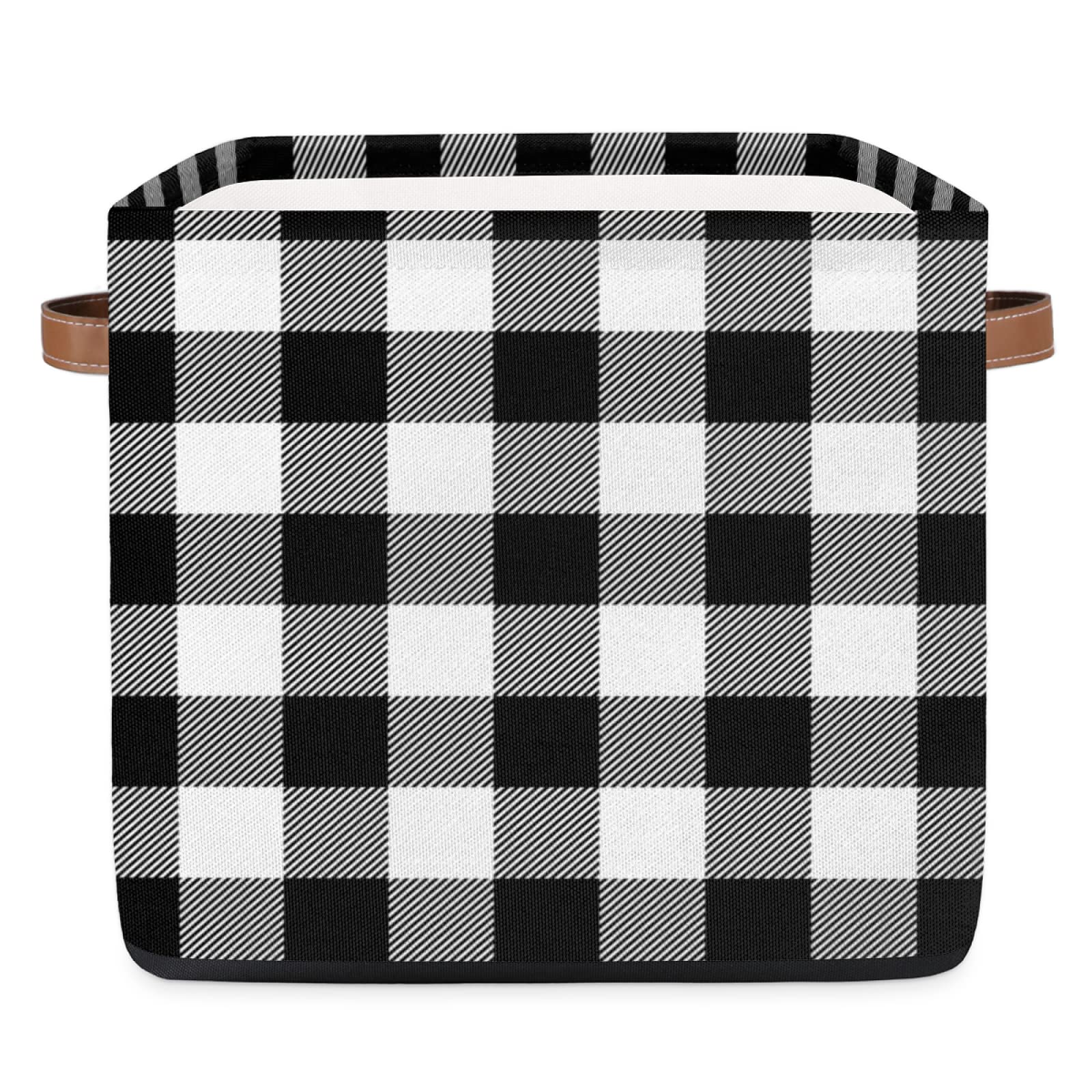 AUUXVA 13x13 Inch Collapsible Storage Cube Bin - Classic Black White Plaid Fabric Basket with Handles for Home Organization | Perfect for Closet Shelves, Nursery Toys, Bedroom & Living Room Storage
