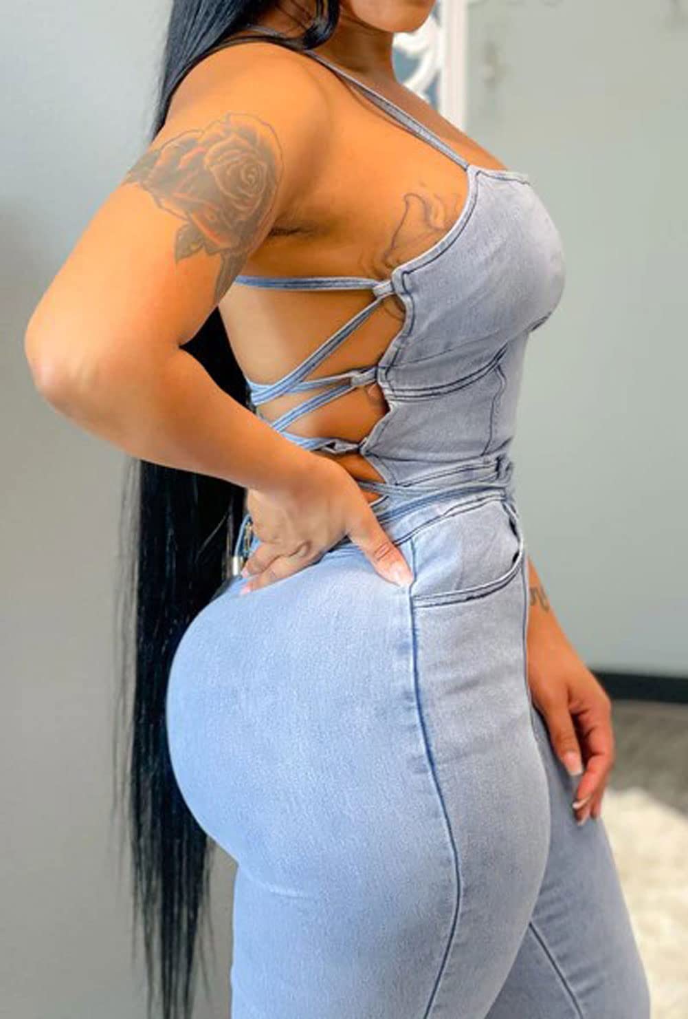 CHARTOU Women's Sexy Sleeveless Denim Jumpsuit - High Waist Skinny Jean Romper with Hollow Out Details | Perfect for Night Out, Party & Casual Wear