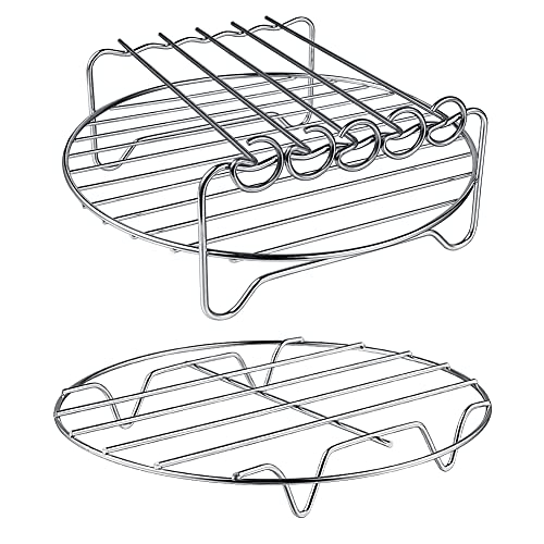 XL Air Fryer Rack Set of 2 - Double Layer Stackable Metal Holder with Skewers - Perfect for Cooking Chicken Wings, Vegetables & More in Air Fryer Oven