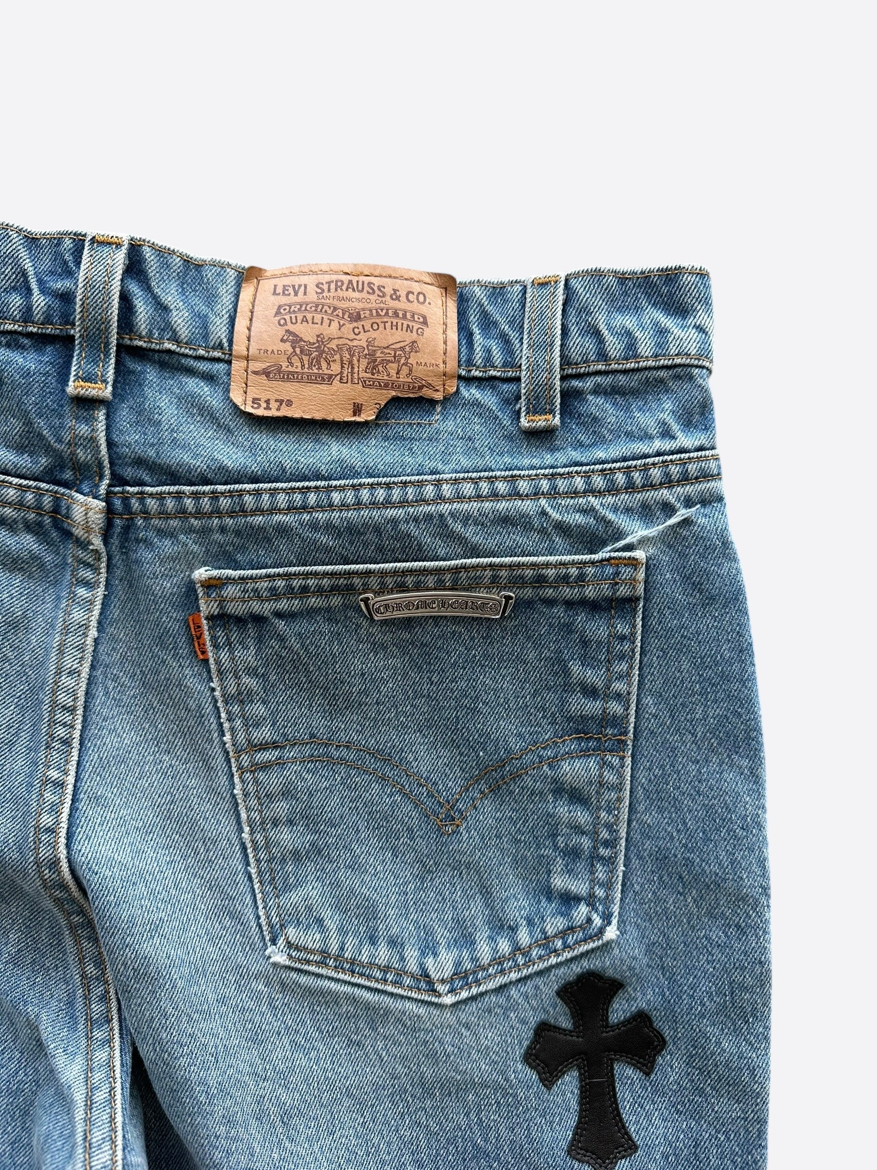 Chrome Hearts x Levi's Blue & Black Cross Patch Denim Jeans for Men - Stylish Vintage Streetwear for Casual Outfits & Night Out
