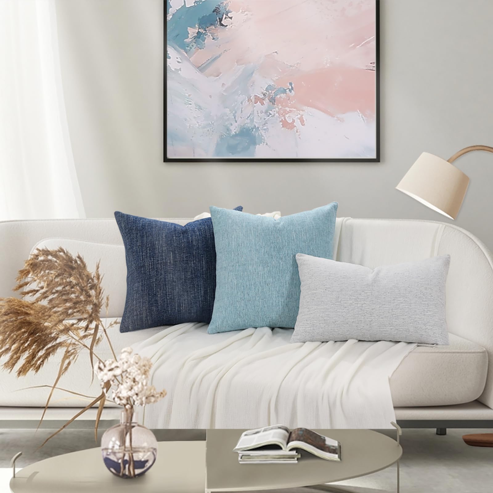 Farmhouse Chenille Spring Throw Pillow Covers 26x26 Set of 2 - Textured Square Decorative Couch Sofa Bed Pillowcases for Living Room, Turquoise - Perfect for Seasonal Home Decor & Cozy Living Room Accents