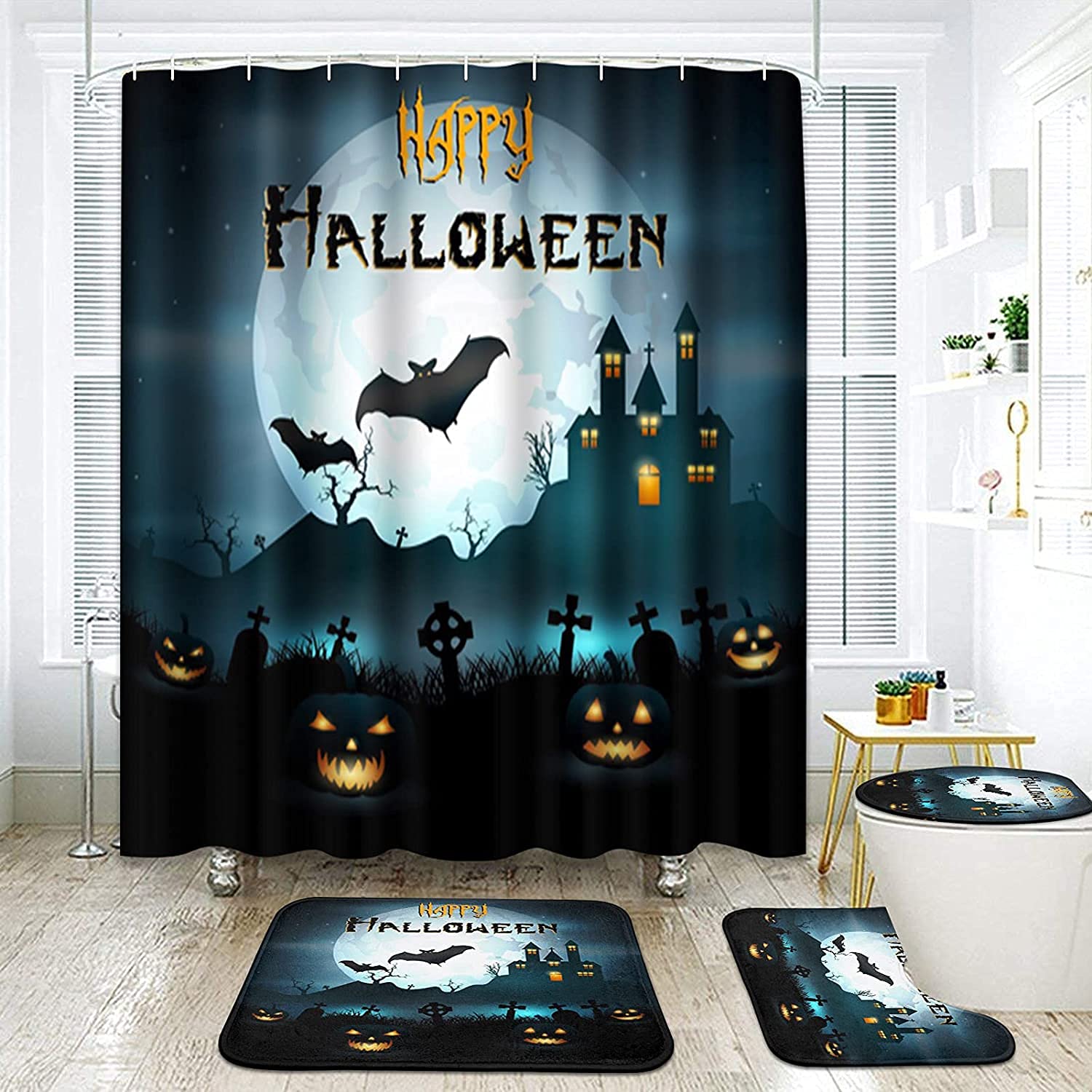 **Yizheer Halloween 4-Piece Bathroom Set - Pumpkin Shower Curtain, Non-Slip Rug, Toilet Lid Cover & Bath Mat - Waterproof Haunted House Decor for Spooky Bathroom Makeover | Perfect for Halloween Parties & Themed Home Decor**
