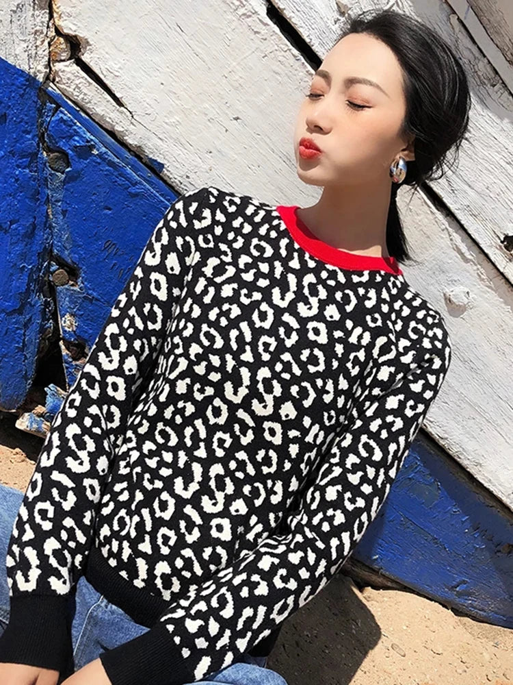 Women's Leopard Print Knitted Pullover Sweater - Long Sleeve Crewneck Contrast Color Winter Jumper for Casual Outfits & Office Wear