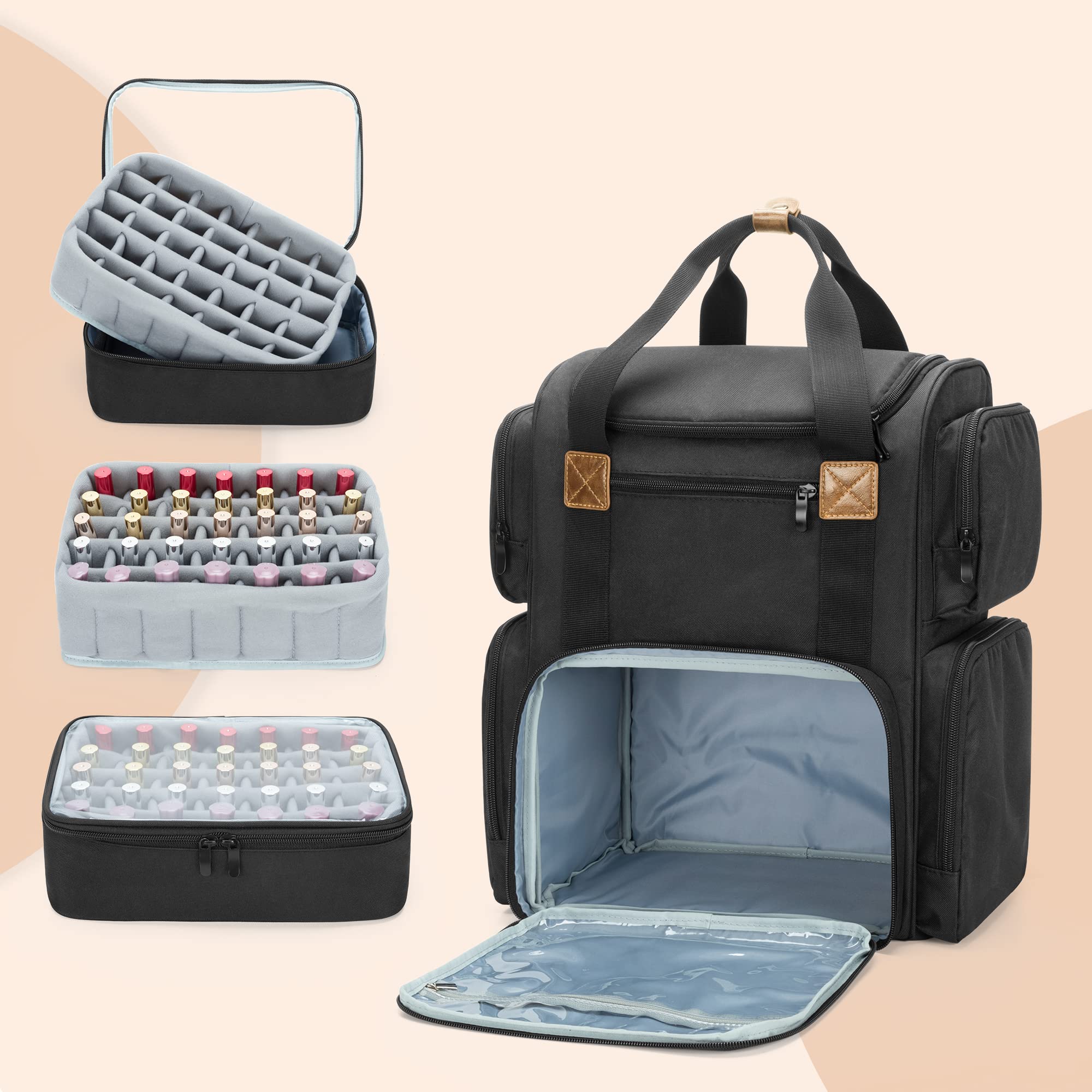 BAFASO Professional Nail Polish Organizer Backpack - Holds 70 Bottles & Nail Lamp, 2 Removable Pouches, Laptop Sleeve (Patented Design) - Perfect for Mobile Nail Technicians & Salon Professionals - Black