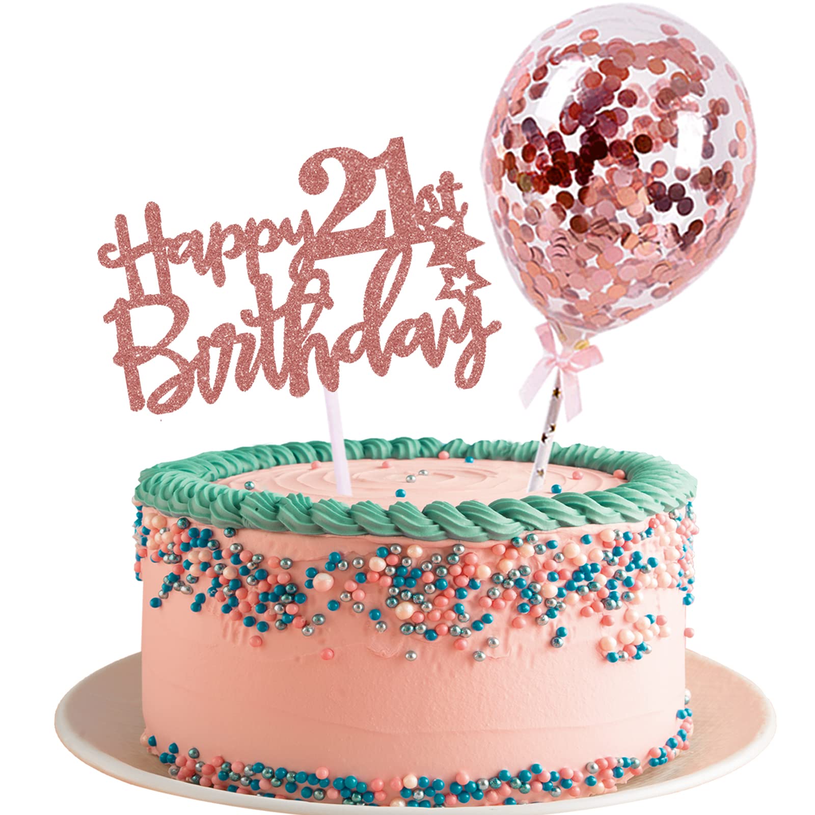Rose Gold Glitter 21st Birthday Cake Topper with Balloons - Elegant Happy Birthday Decorations for Women, Girls Birthday Party | Perfect for 21st Birthday Cakes, Cupcakes, Dessert Tables & Milestone Celebrations