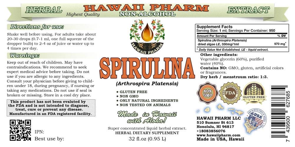 Organic Spirulina Liquid Extract Alcohol-Free | Natural Herbal Supplement | Arthrospira Platensis Dried Algae Glycerite | 64 fl.oz (2x32oz) | USA Made by Hawaii Pharm | Boost Energy & Immune Support | Perfect for Smoothies, Juices & Wellness Drinks