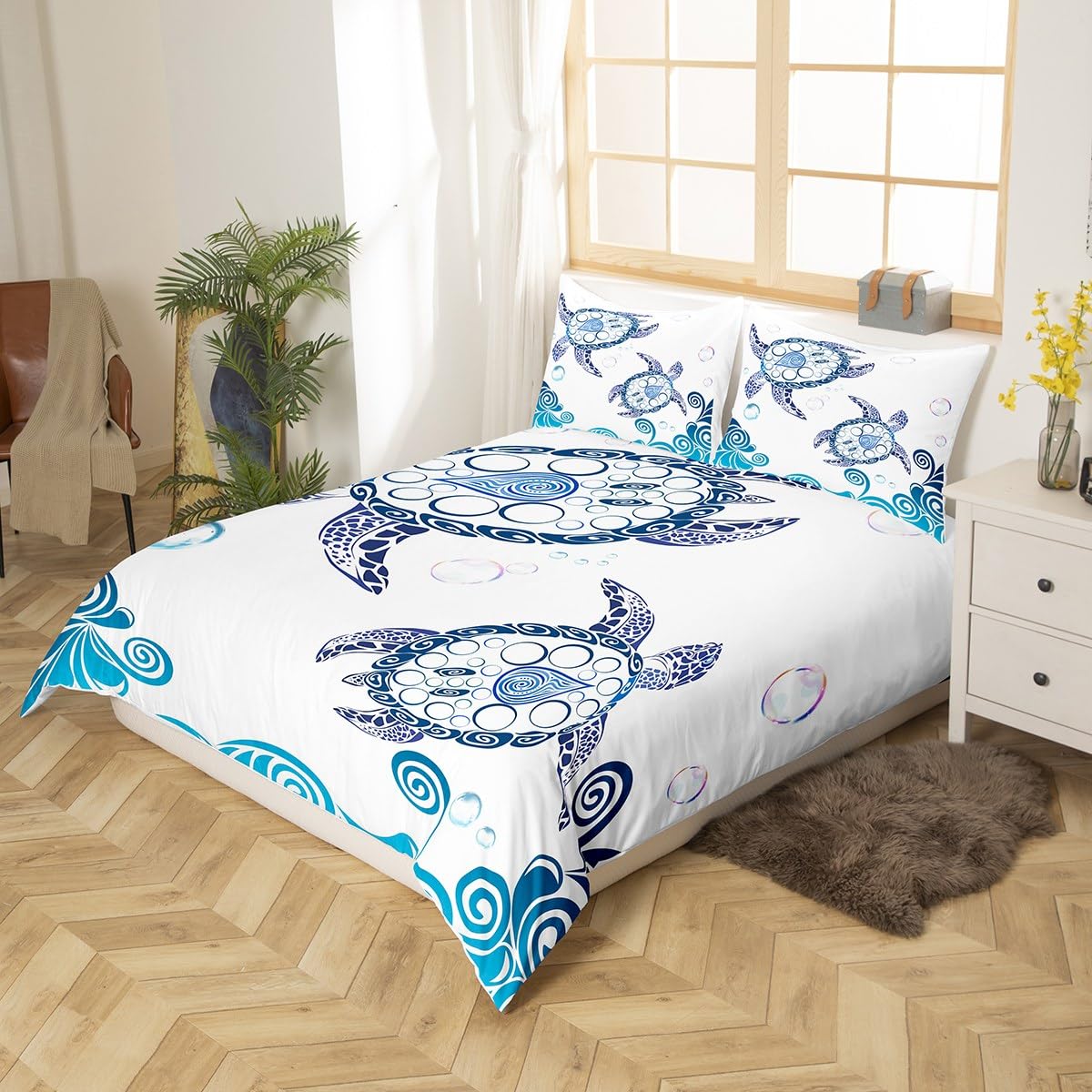 Soft Microfiber Turtle Print Duvet Cover Set - Full Size White & Blue Sea Turtle Pattern Bedding - Cute Ocean Themed Quilt Cover for Kids & Adults - Perfect for Beach House Decor, Coastal Bedroom, and Marine Lover's Home