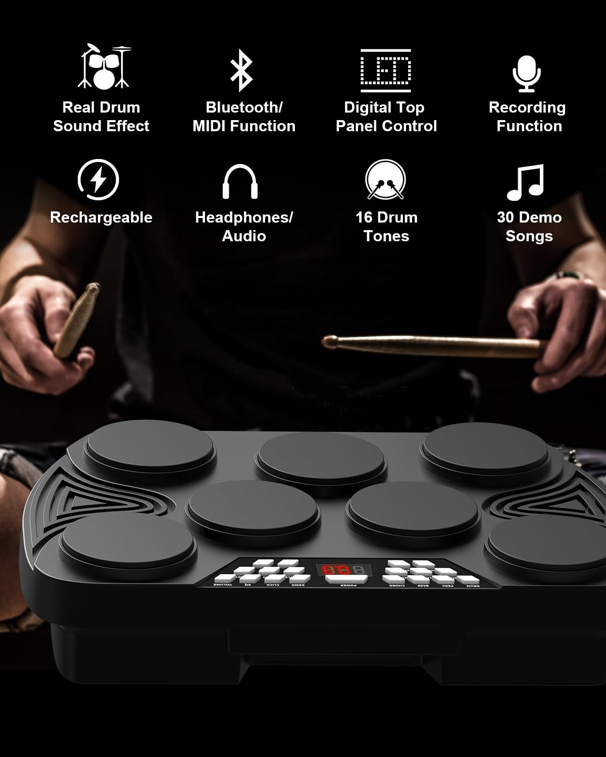 KONIX 7-Pad Electronic Drum Set - Portable Tabletop Digital Drum Kit with Built-in Speakers, Digital Panel & PC Connection - Perfect for Teens & Adult Beginners - Ideal for Home Practice, Studio Recording & Live Performances