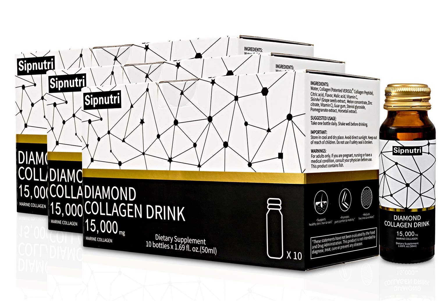 Sipnutri Diamond Liquid Collagen Drink - 15000mg Hydrolyzed Marine Collagen Peptides with Vitamin C & Pomegranate for Healthy Hair, Skin, Nails, Joint & Bone Support - 50ml x 10 Bottles (3 Boxes) | Anti-Aging Beauty Supplement for Women & Men | Perfect for Daily Wellness Routine & Post-Workout Recovery