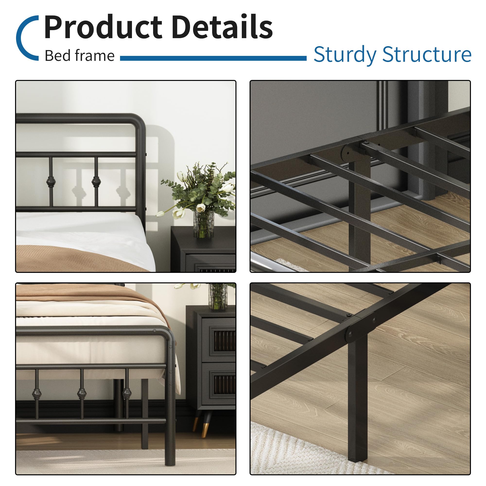 Classic Victorian Style Metal Twin Bed Frame with Headboard & Footboard - 16 Inch Heavy Duty Platform, No Box Spring Needed - Perfect for Guest Rooms, Kids' Bedrooms & Under Bed Storage