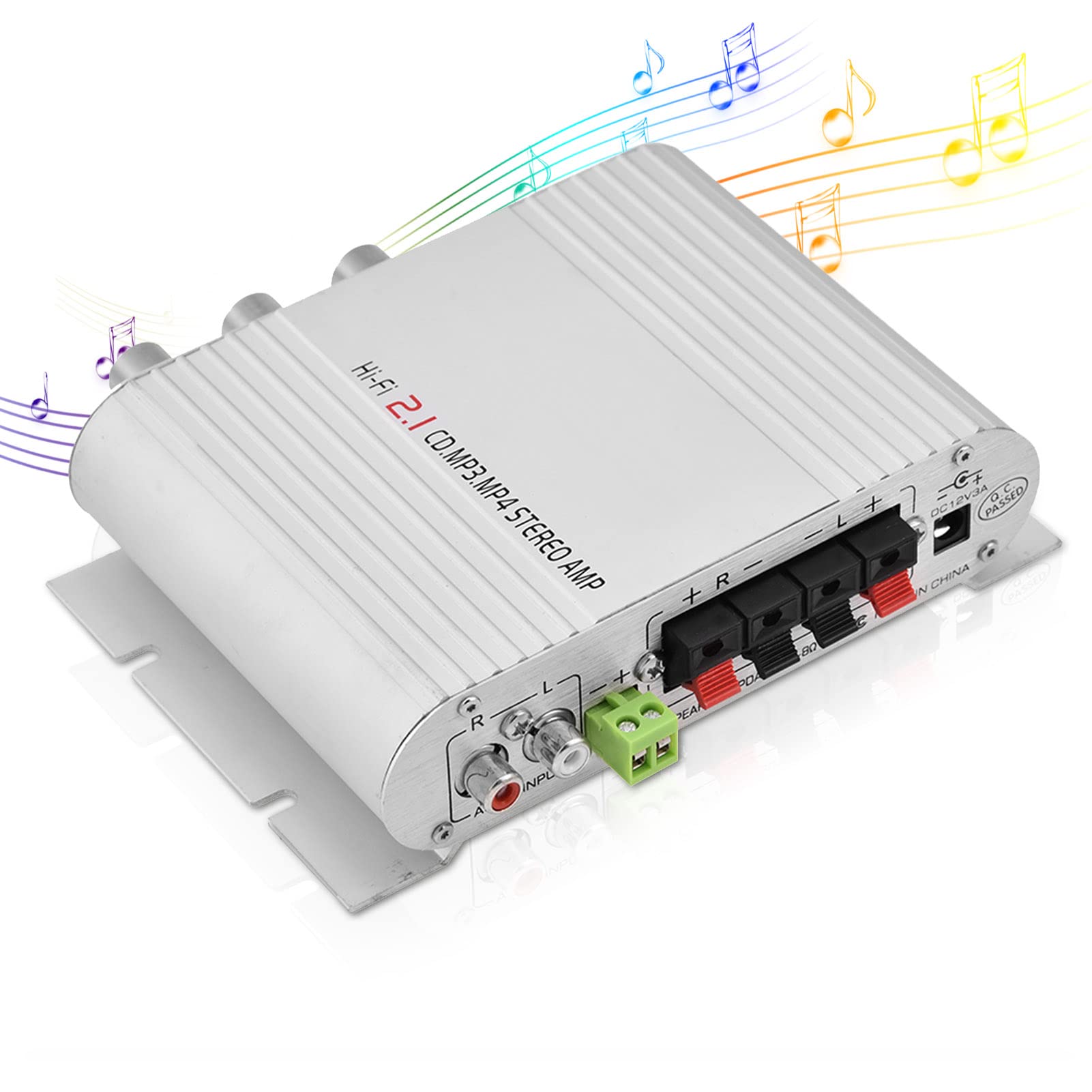 Digital Stereo Power Amplifier - Mini HiFi 2.1 Channel Bass Boost Audio System with 3.5mm Input & Dual Speaker Outputs (Silver) | Perfect for Car, Home Theater & Music Studio Setup