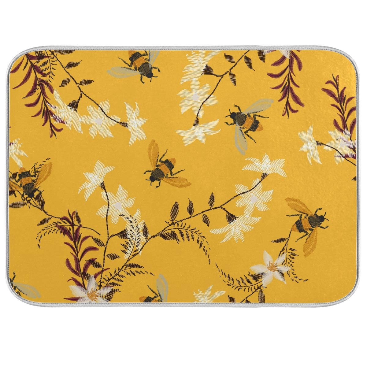 Bee Flowers Dish Drying Mat - Super Absorbent Reversible Kitchen Counter Drying Pad (18x24 Inches) - Perfect for Dishes, Utensils & Cookware Drying | Non-Slip & Quick-Dry Design for Countertops & Sinks