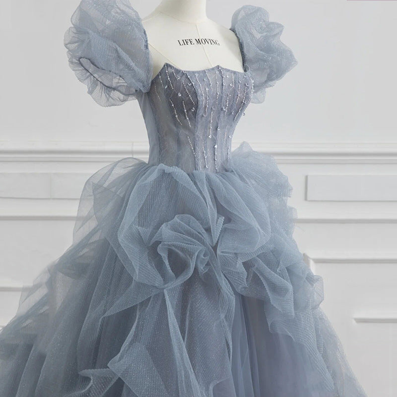 Blue Tulle Princess Ball Gown with Puff Sleeves - Sweet Evening Dress for Women Size 92 | Perfect for Prom, Quinceañera, Wedding & Formal Events