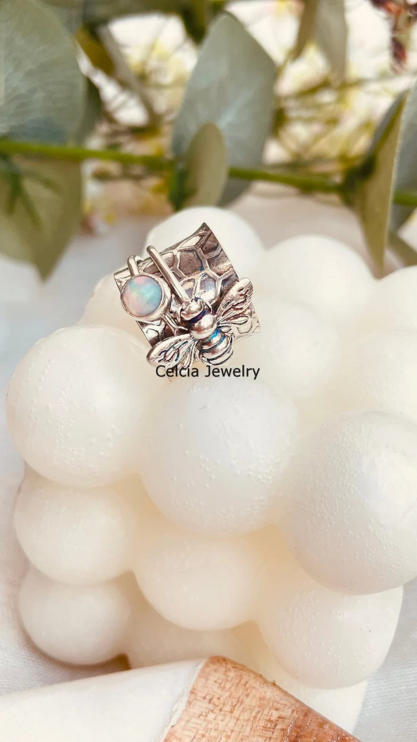 Opal Gemstone Spinner Bee Ring – Handcrafted Spinning Meditation & Anxiety Relief Fidget Ring – October Birthstone Jewelry Gift for Women (US Size 8.5) – Perfect for Stress Relief, Mindfulness Practice & Stylish Everyday Wear