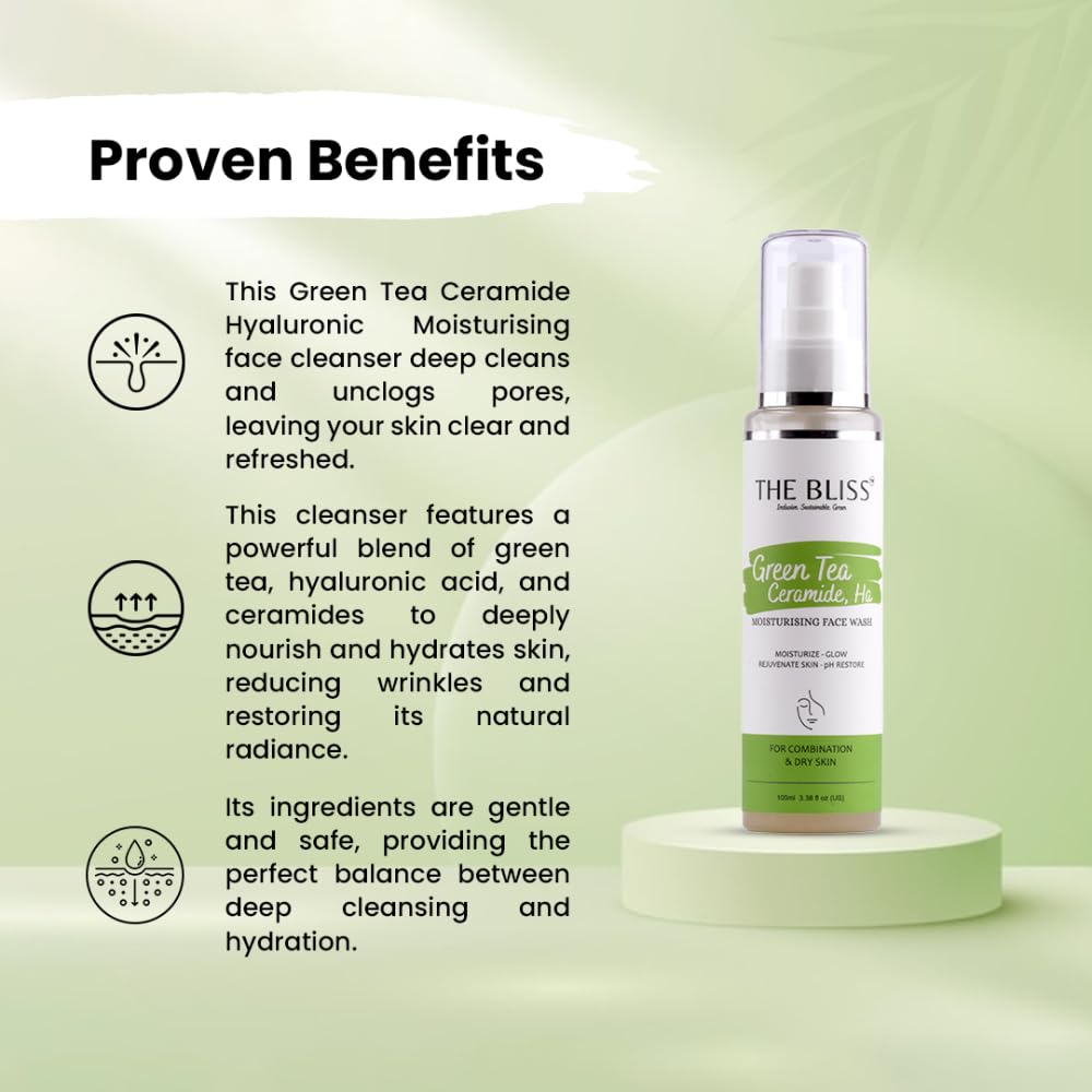 Bliss Green Tea, Aloe, Ginseng & CICA Plant-Based Face Wash for Acne Prone Skin - Sulfate-Free Cleanser for Oily & Sensitive Skin - Men & Women (100ml) | Daily Deep Cleansing & Soothing Skincare Routine