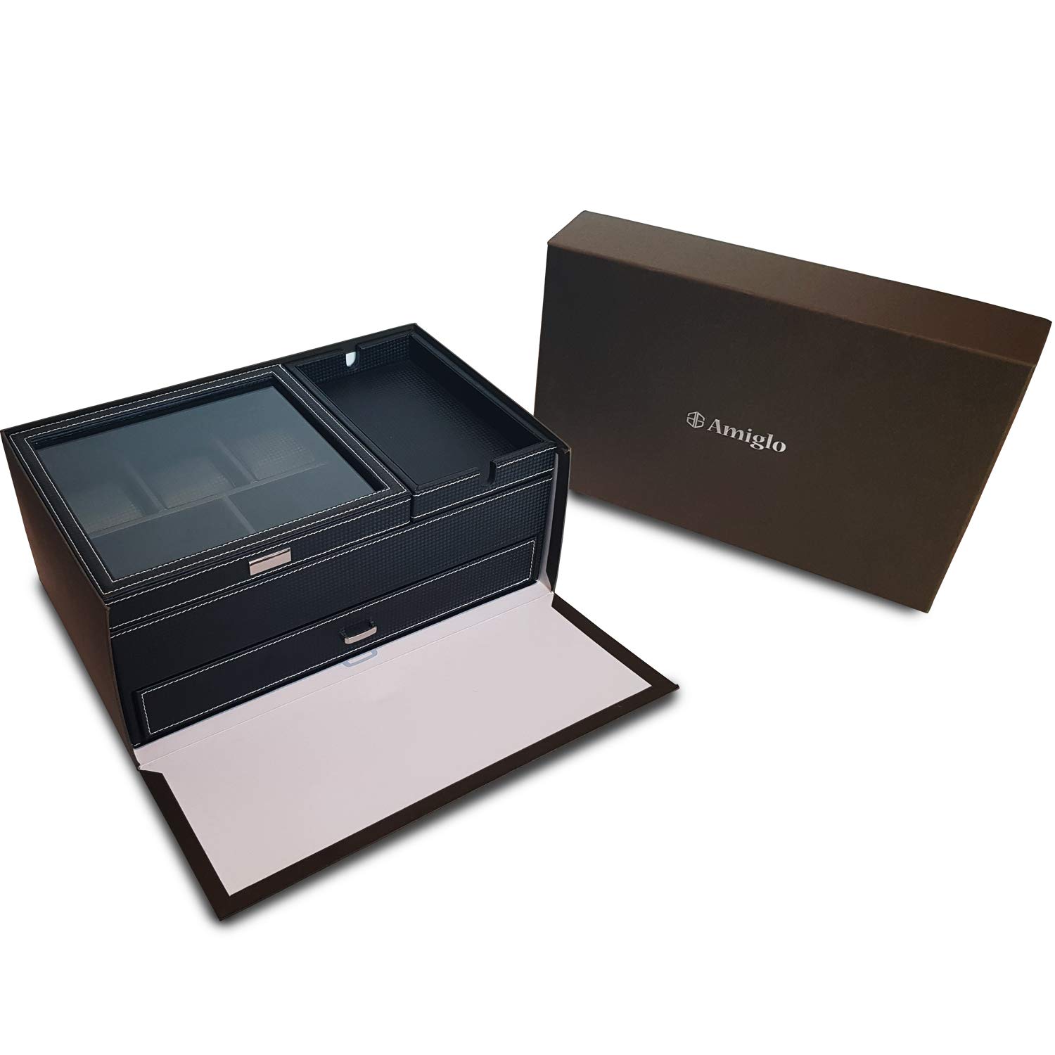Men's Dresser Valet Organizer - PU Leather Jewelry Box with Charging Station for Watches & Accessories - Carbon Fiber Nightstand Tray for Bedroom