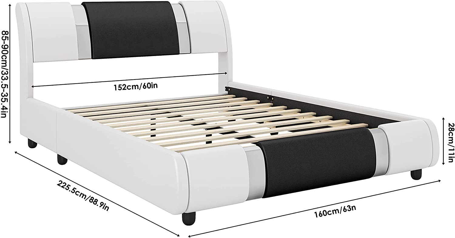 Keyluv Modern Faux Leather Upholstered Queen Size Bed Frame with Mirror Metal Headboard - Wooden Slats Support, No Box Spring Needed, White & Black - Perfect for Contemporary Bedrooms and Guest Rooms