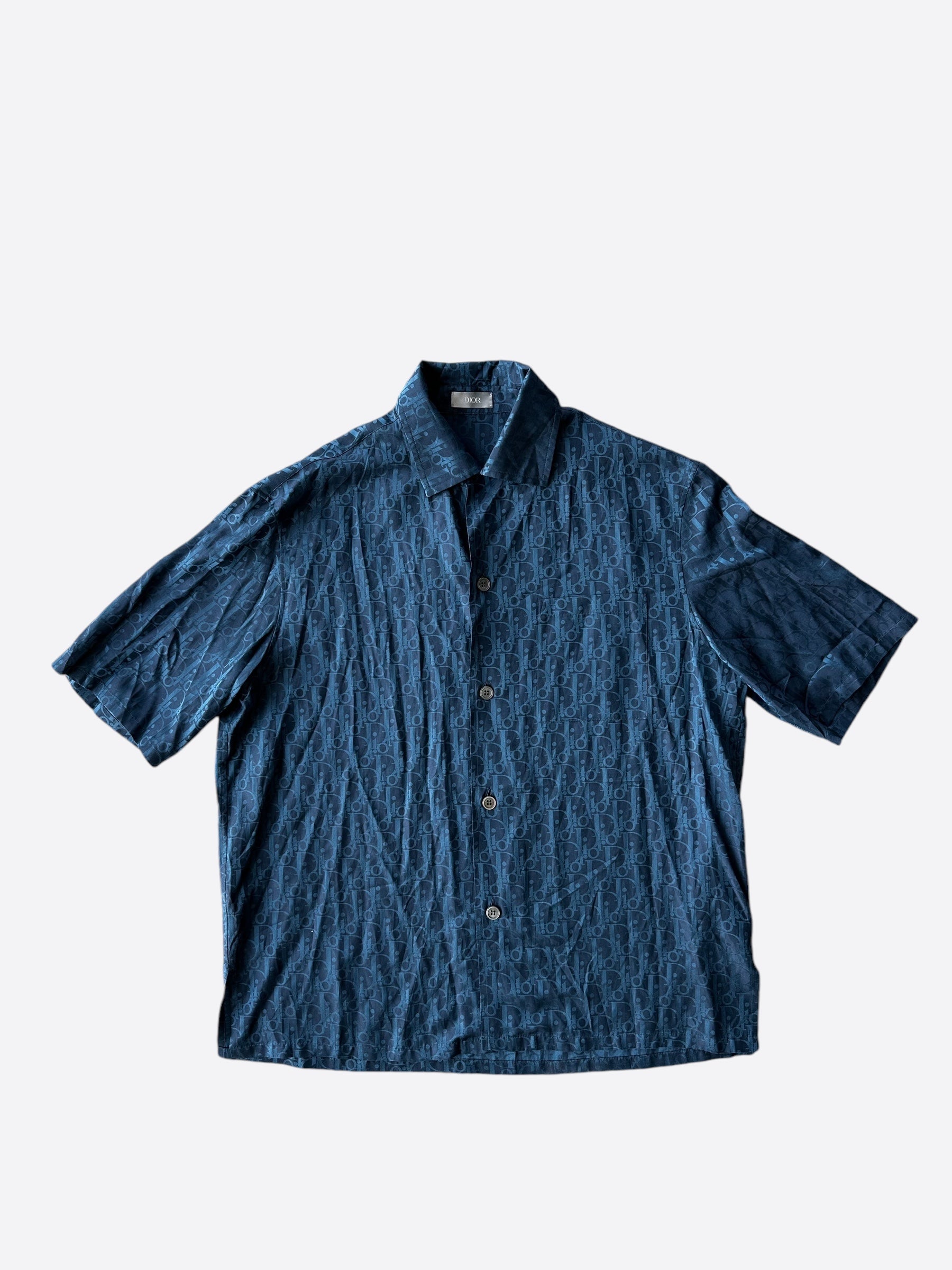 Dior Blue Oblique Silk Button Up Shirt for Men - Luxury Designer Dress Shirt for Business & Formal Occasions