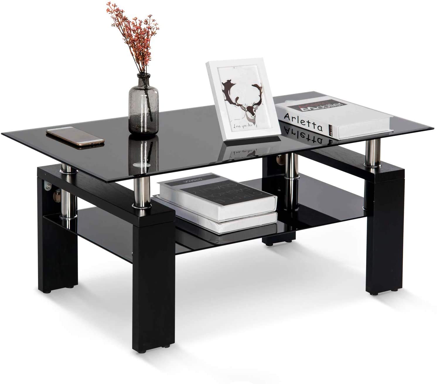 Modern Black Glass Coffee Table with Metal Frame & 2 Storage Shelves - Rectangle Cocktail Table for Living Room, Lounge & Office - Durable Center Table for Home Decor & Entertaining